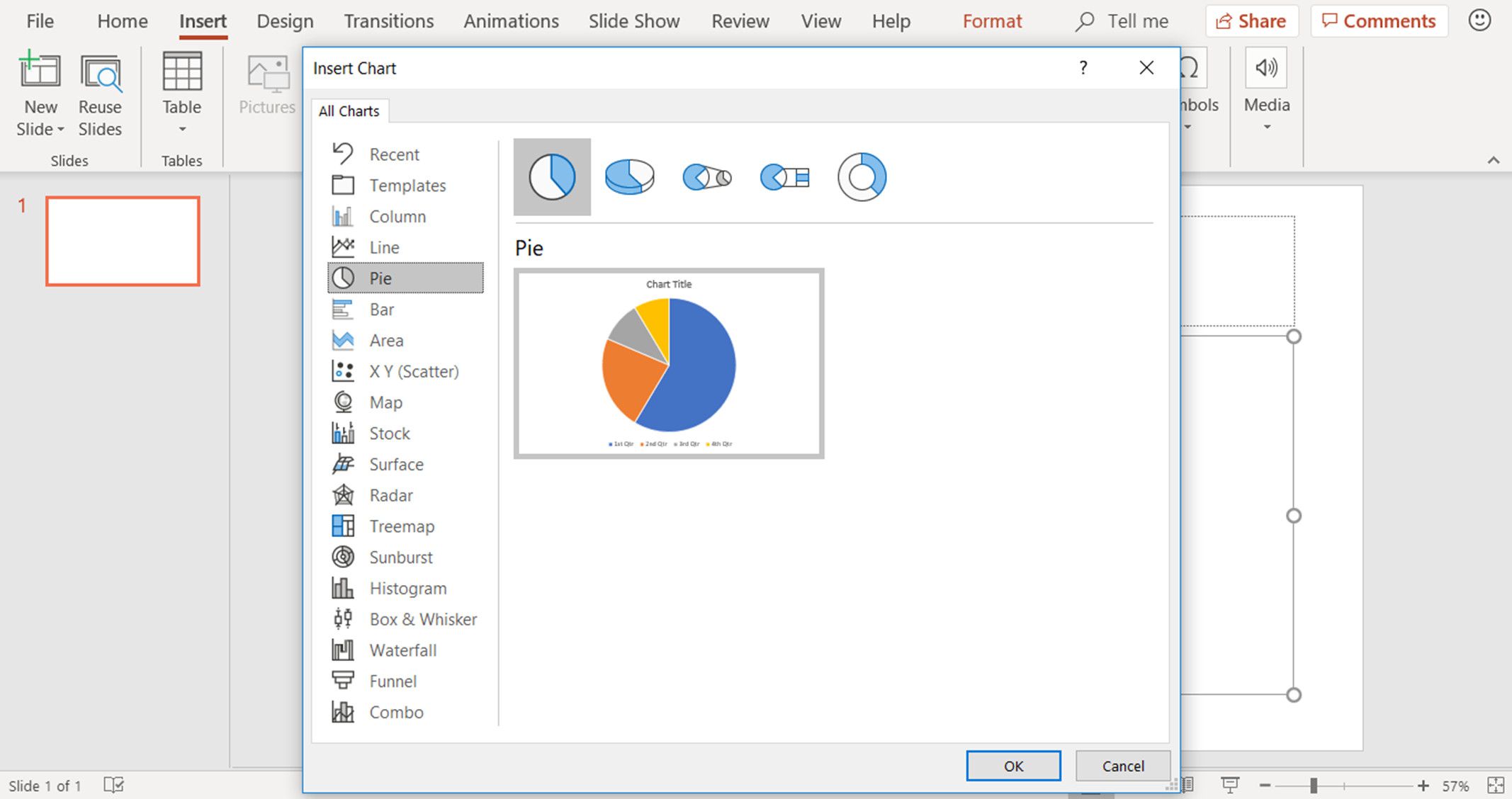 En skärmdump som visar hur du väljer ett cirkeldiagram i PowerPoint