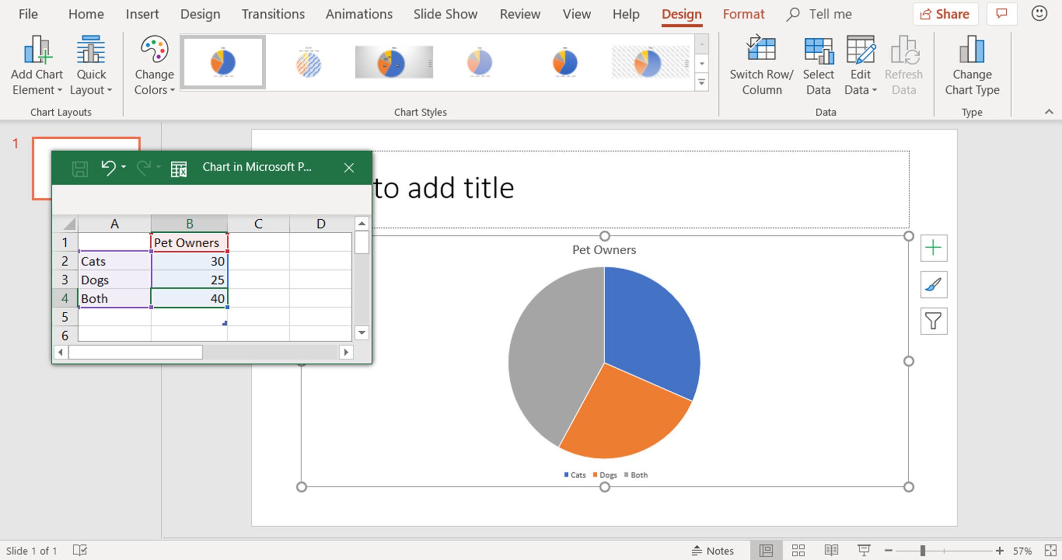 En skärmdump som visar hur man redigerar data i ett cirkeldiagram i PowerPoint