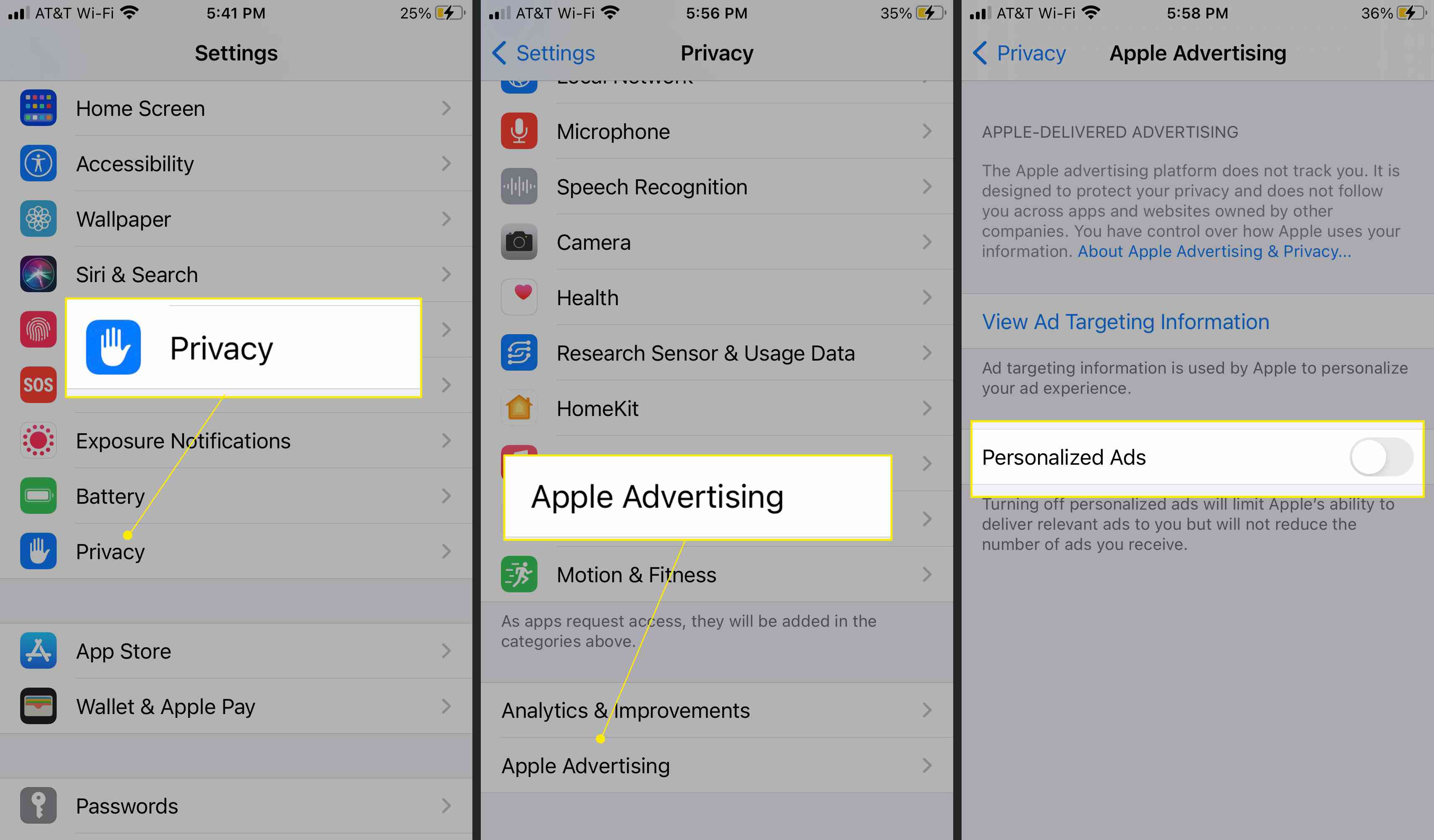 iPhone-sekretessinställningar som markerar "Apple Advertising" och den personliga annonsväxlingen