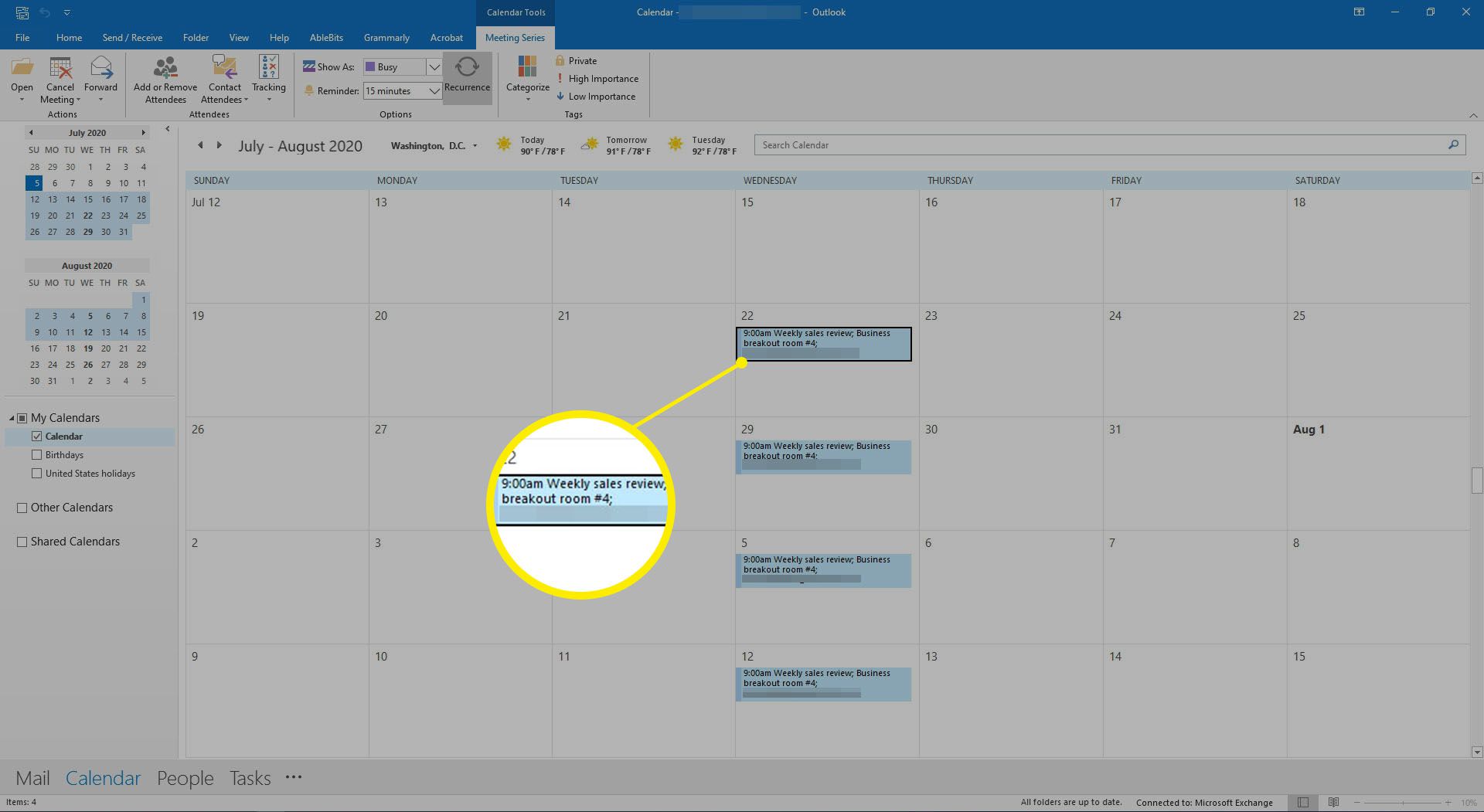 Välja ett möte i en Outlook-kalender.