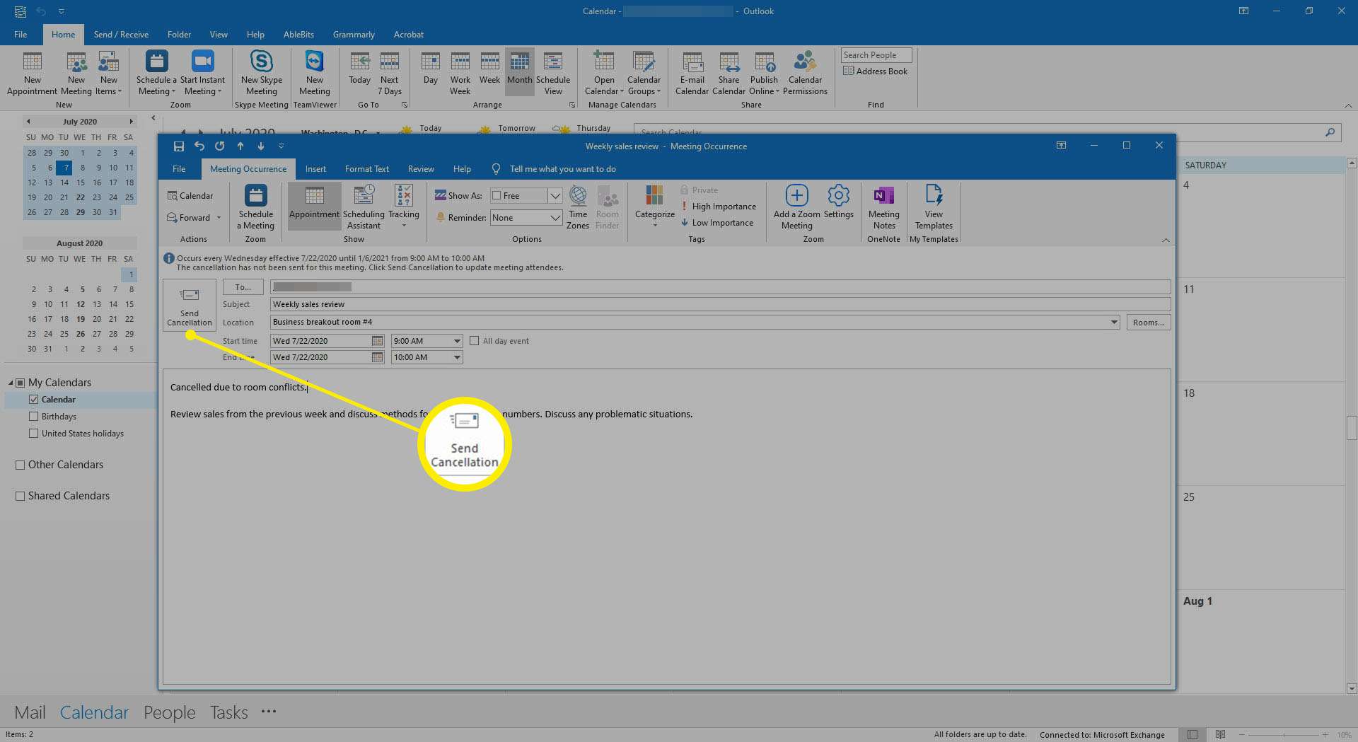 Meddelandet om avbokning av mötet i Outlook som visar ett avbrutet återkommande möte.