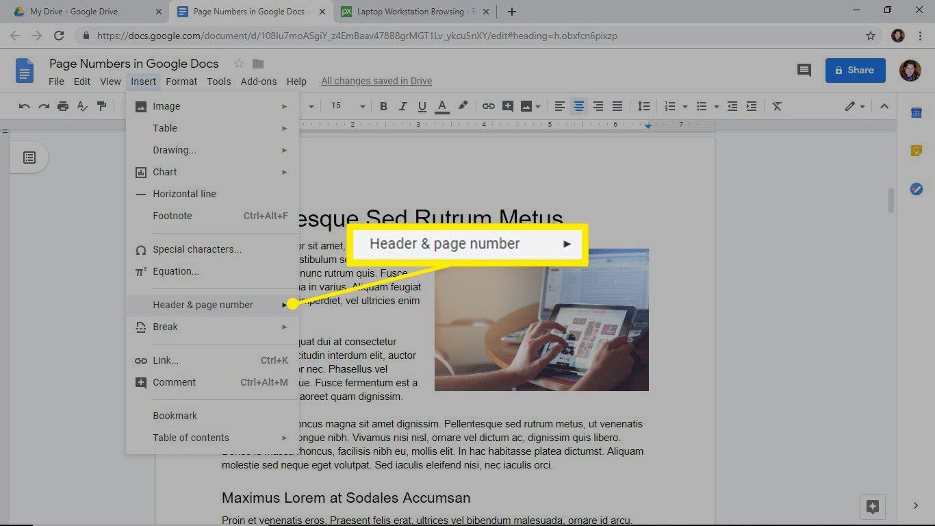 Fliken Infoga i Google Dokument för att lägga till ett sidnummer på alla sidor i ett dokument