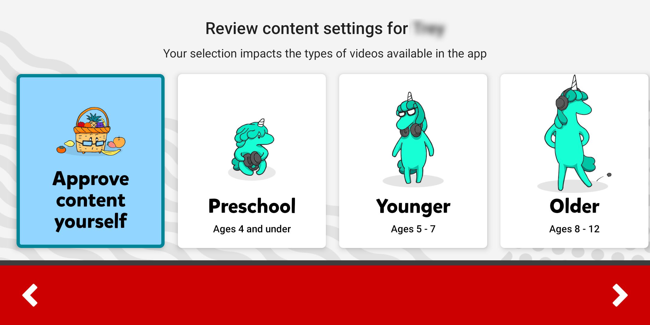 En skärmdump av innehållsinställningarna för YouTube Kids.