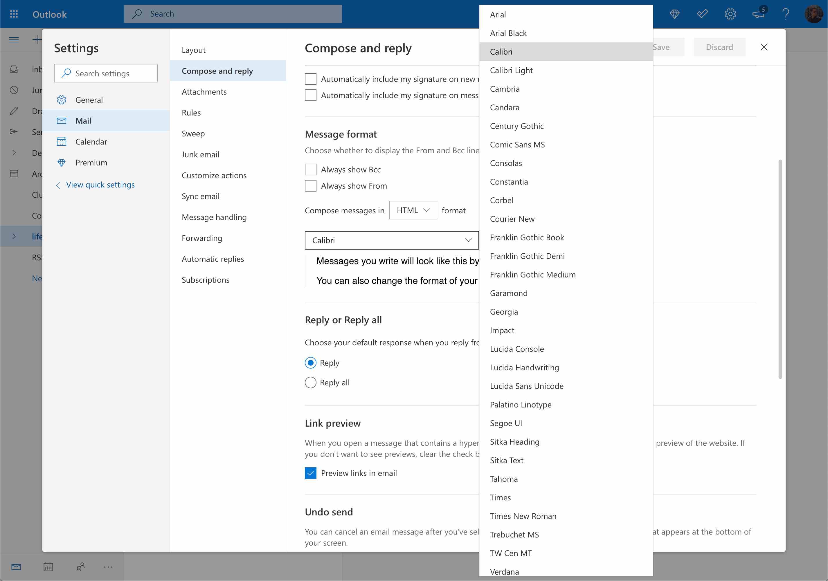 Listrutan för val av teckensnitt och val i Outlook.com