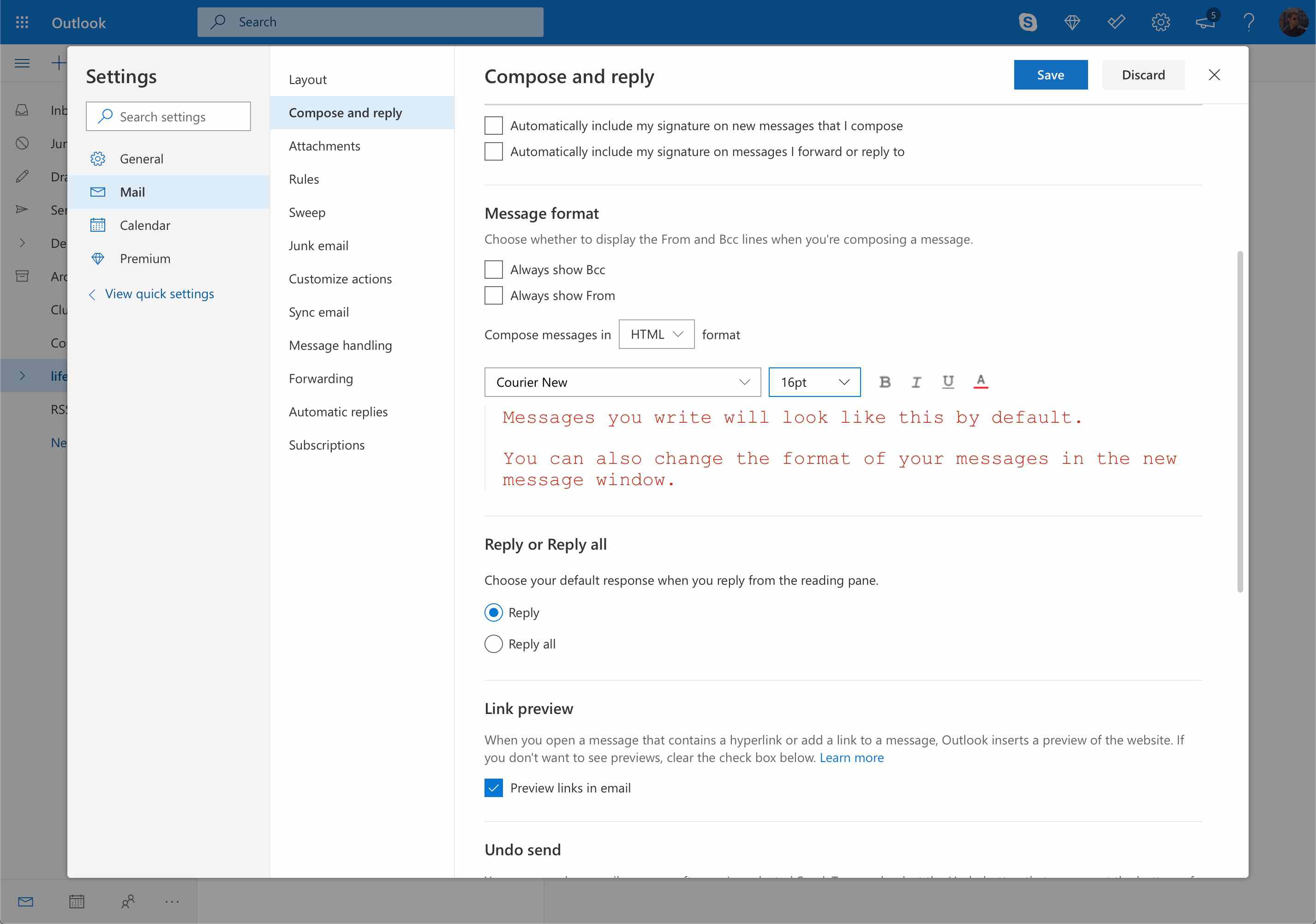 Spara-knapp för att spara teckensnittsalternativ i Outlook.com