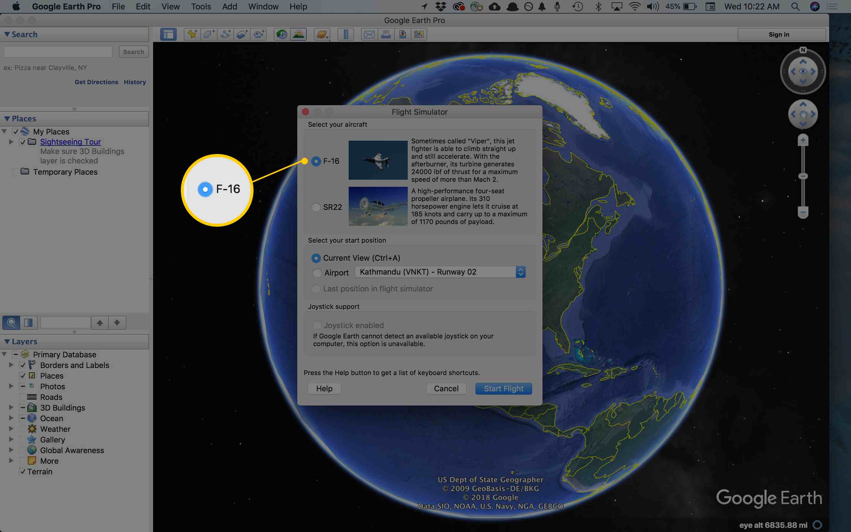 Skärmdump av planalternativ i Google Earth flight simulator (Mac)