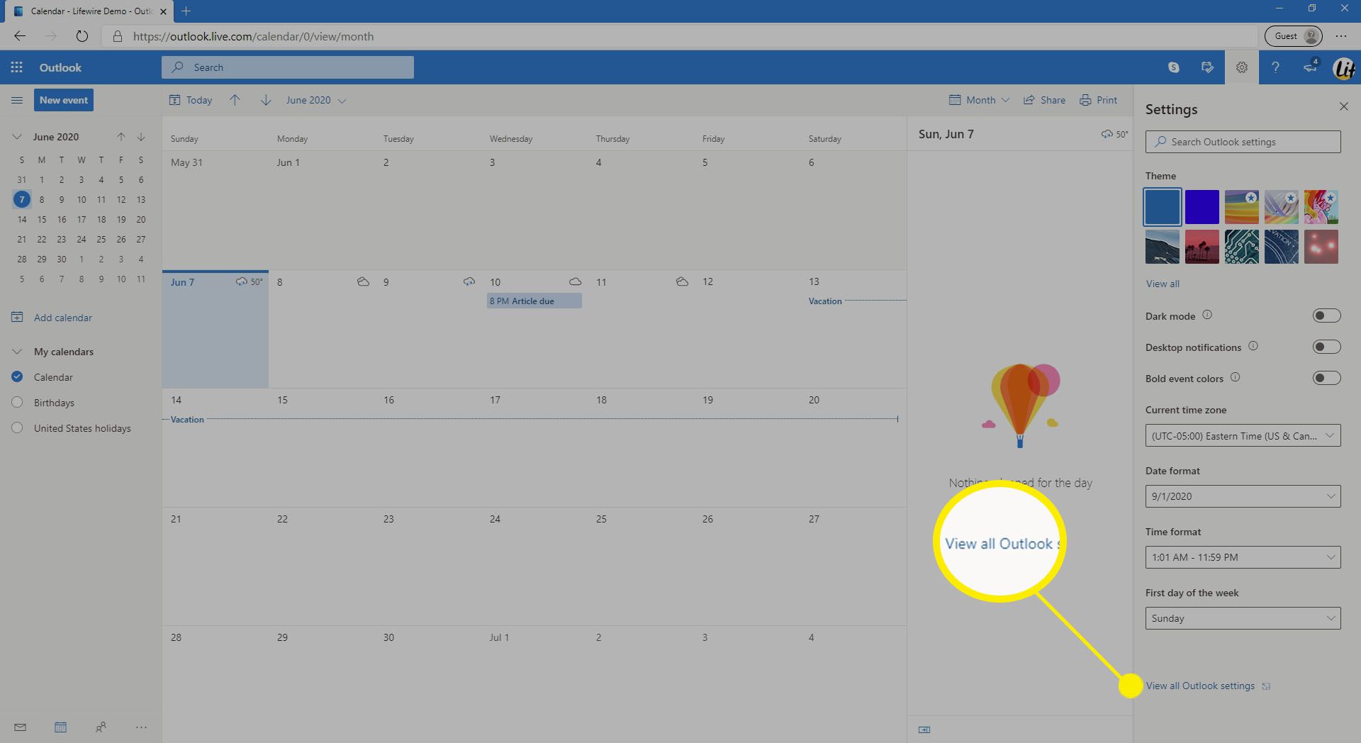 Visar grundläggande inställningar för Outlook.com.