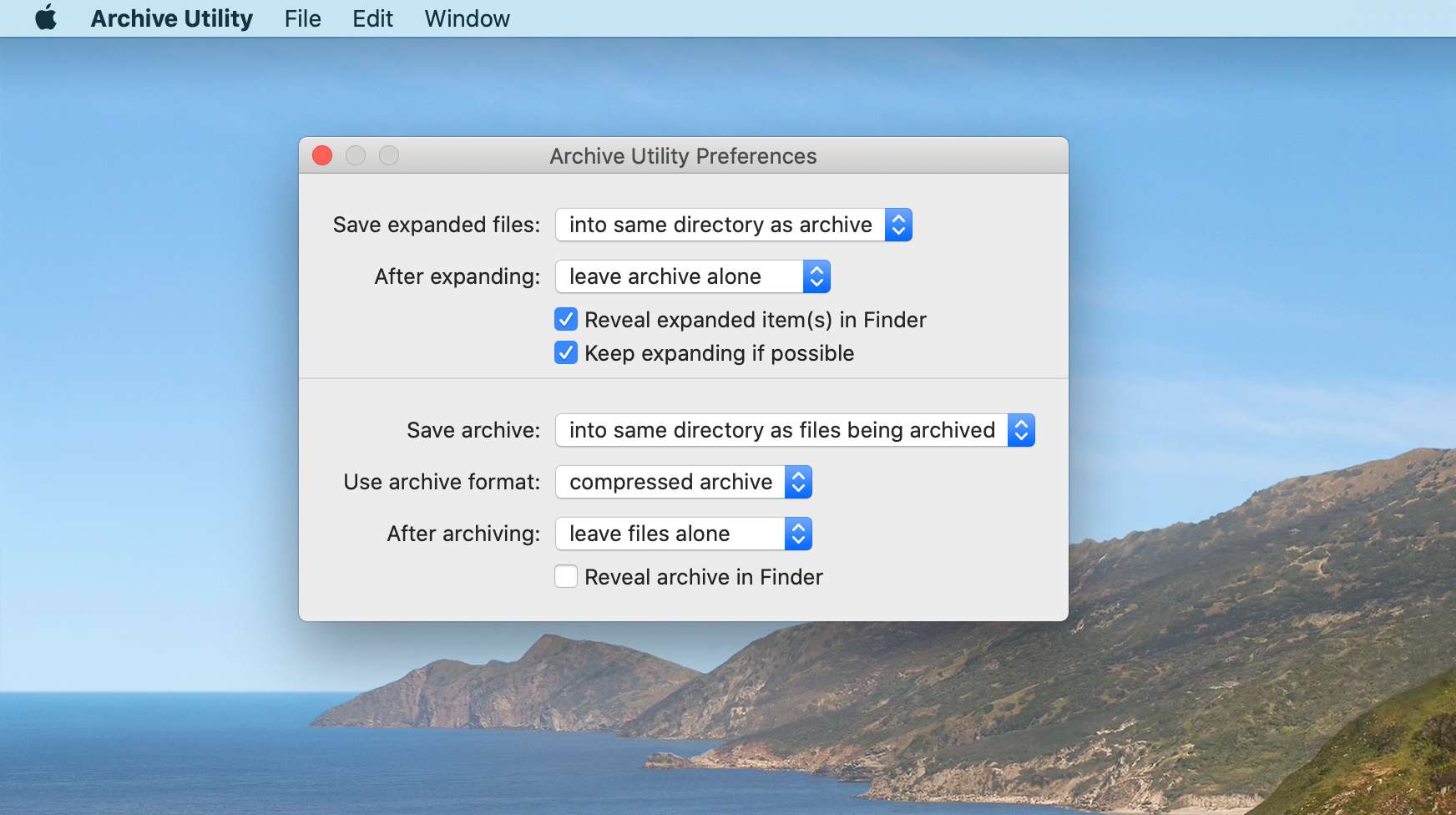 Inställningarna för macOS arkivverktyg