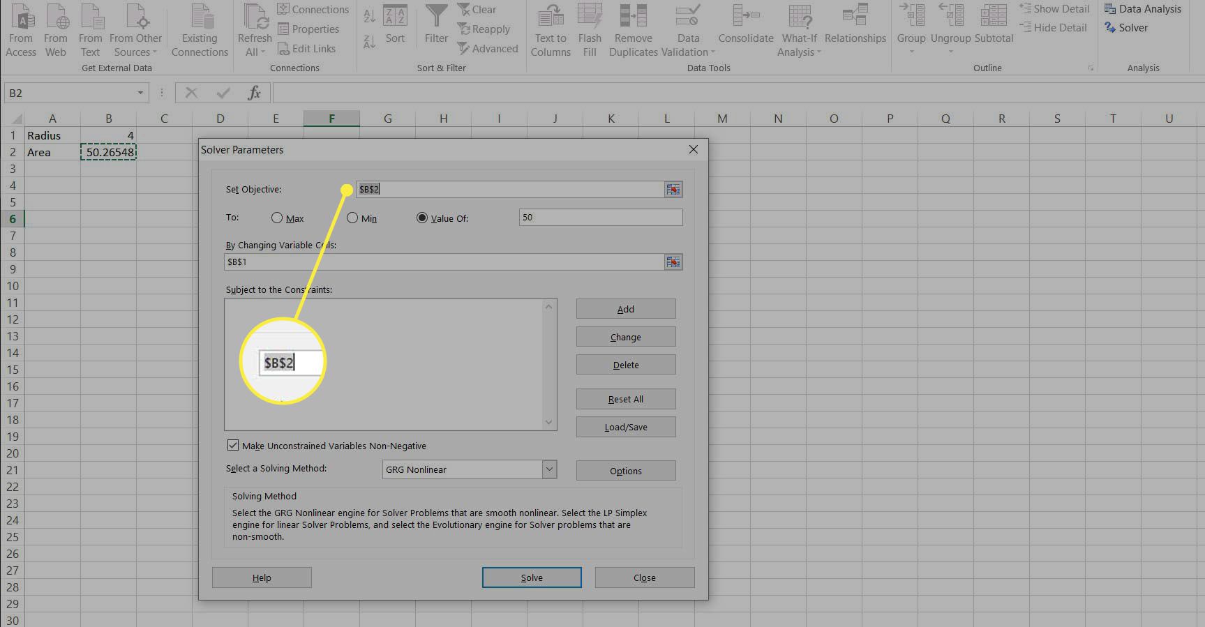 Excel-lösningsalternativ för ett enkelt exempel