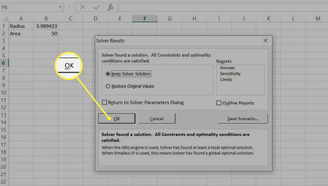 Välj OK för att acceptera lösningsresultaten.