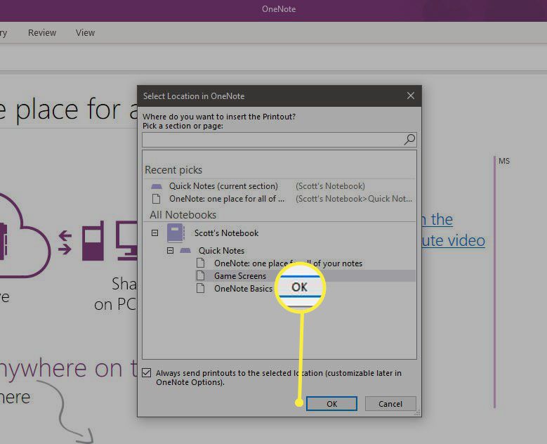 Välj plats i OneNote-gränssnittet