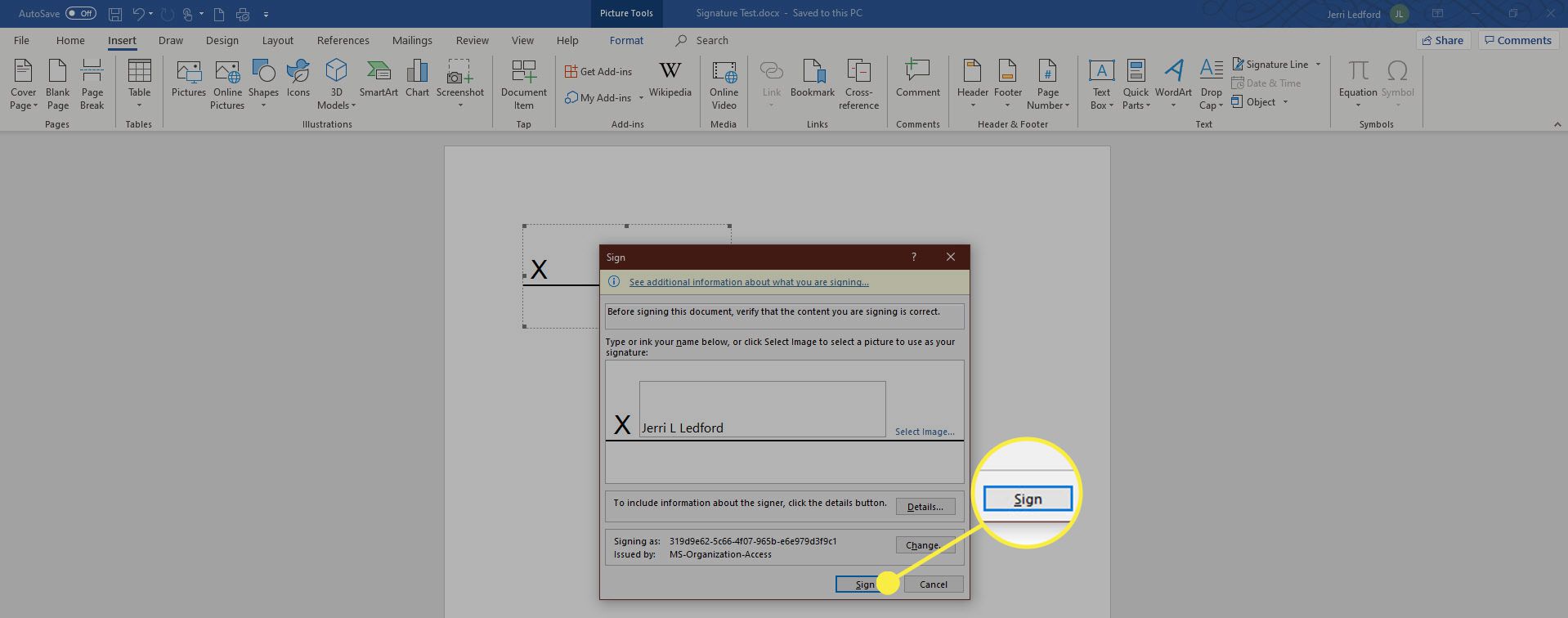 Dialogrutan Sign i MS Word.