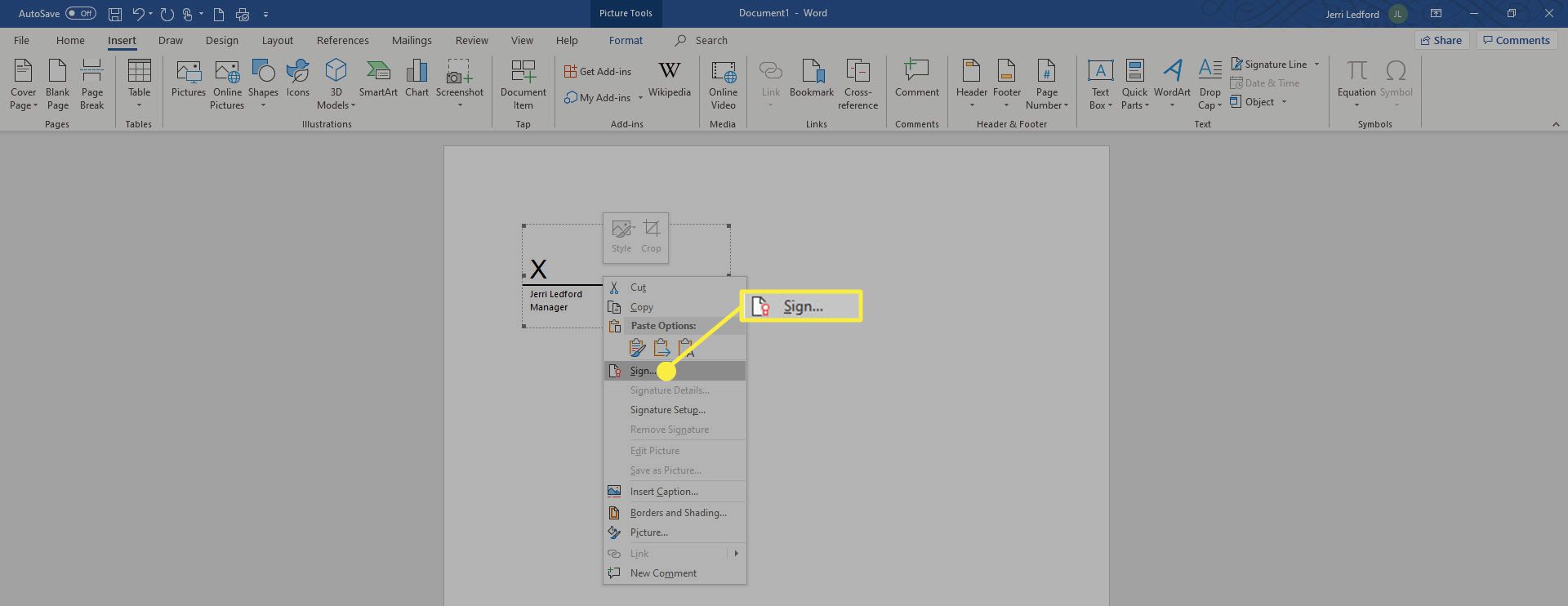 Alternativet Sign i MS Word.