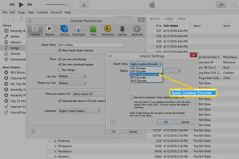 Apple Lossless Encoder-alternativ i Importinställningar för iTunes
