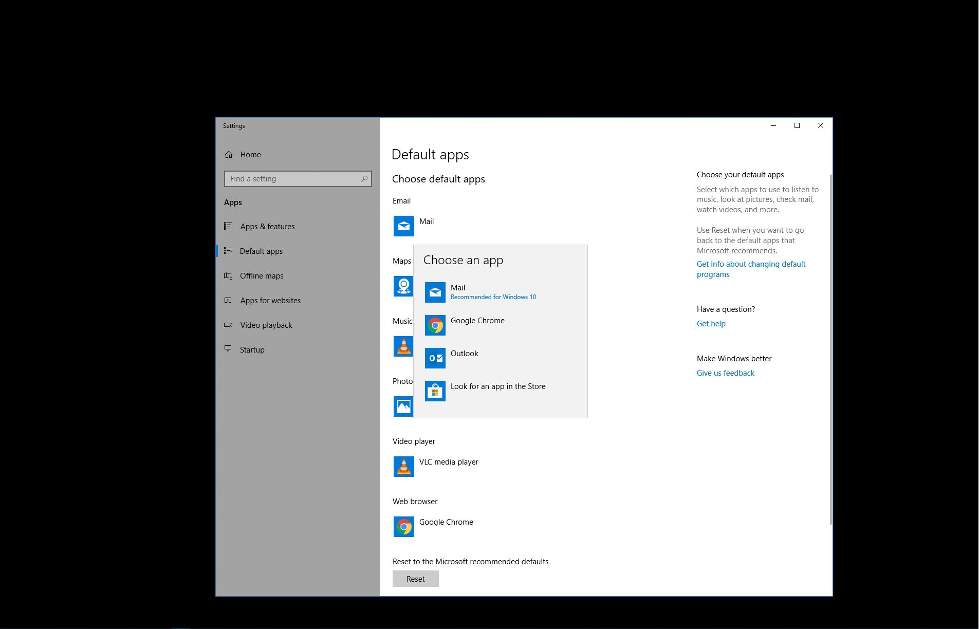 Välja en standard e-postklient i Windows 10.