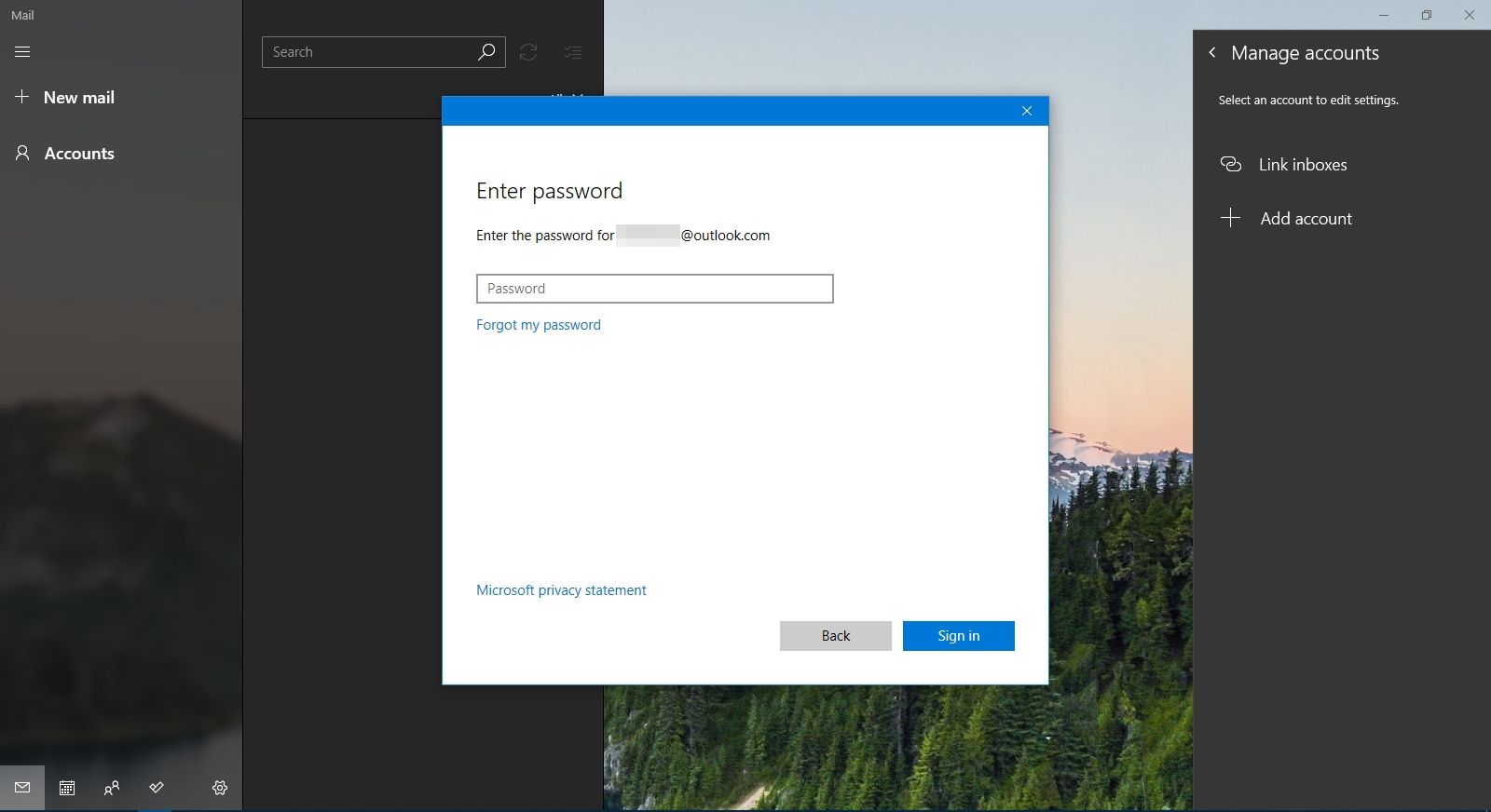 Be om att ange ett lösenord för ett e-postmeddelande som konfigureras i Windows Mail.