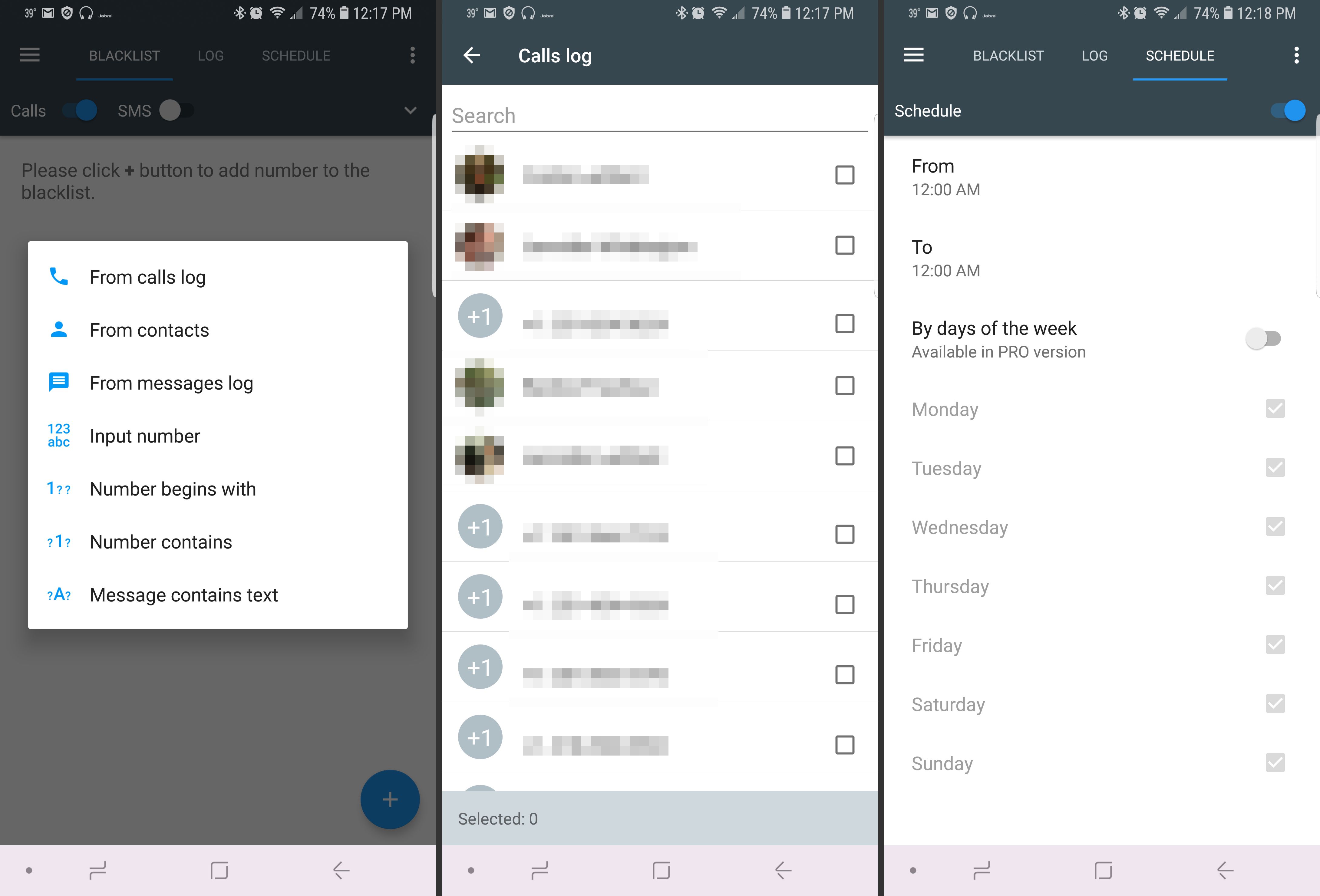 Tre Android-skärmar från Calls Blacklist-appen som visar appen Call-blockerare på jobbet