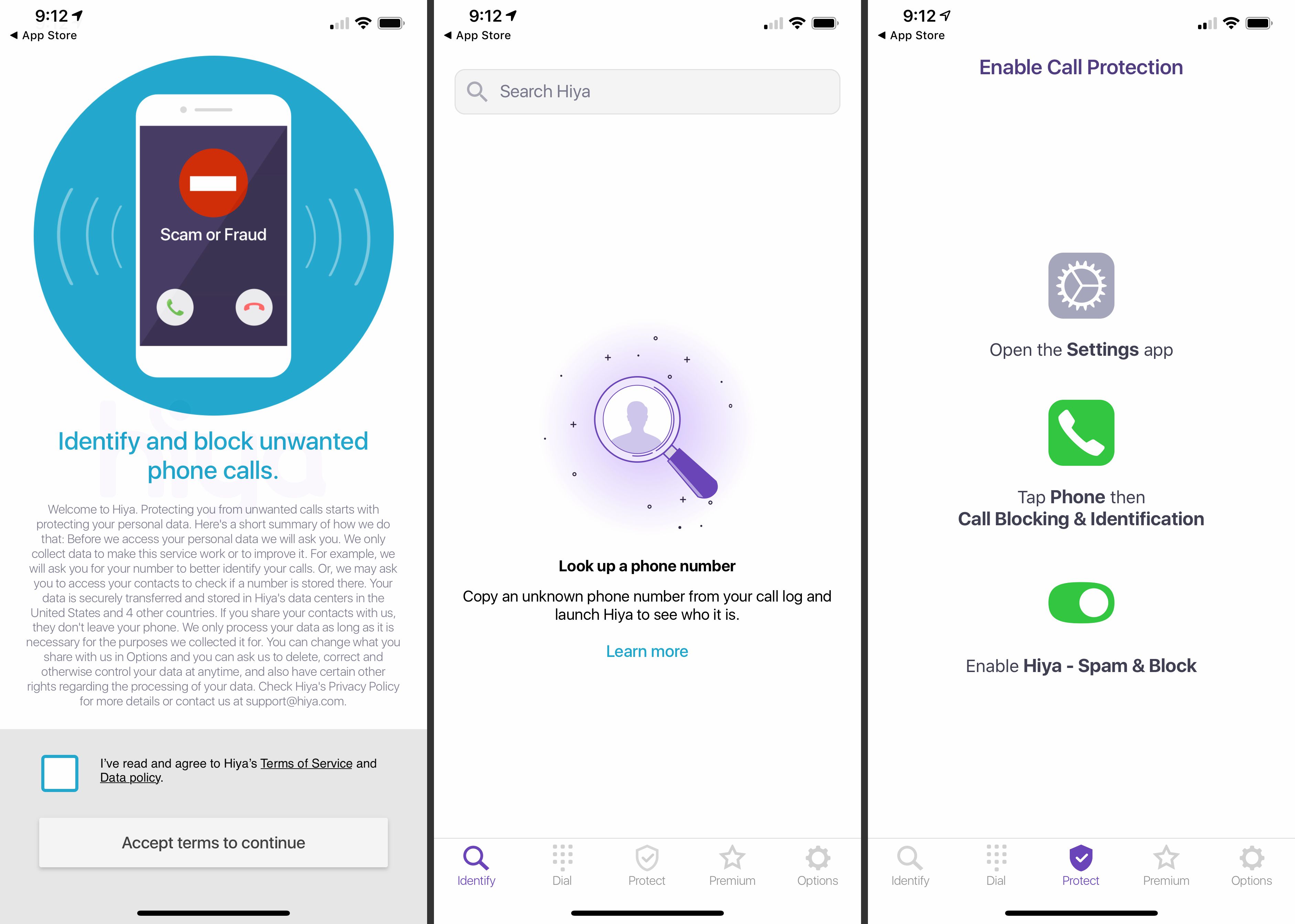 Tre iOS-skärmar från Hiya-appen som visar appen Call-blockerare på jobbet
