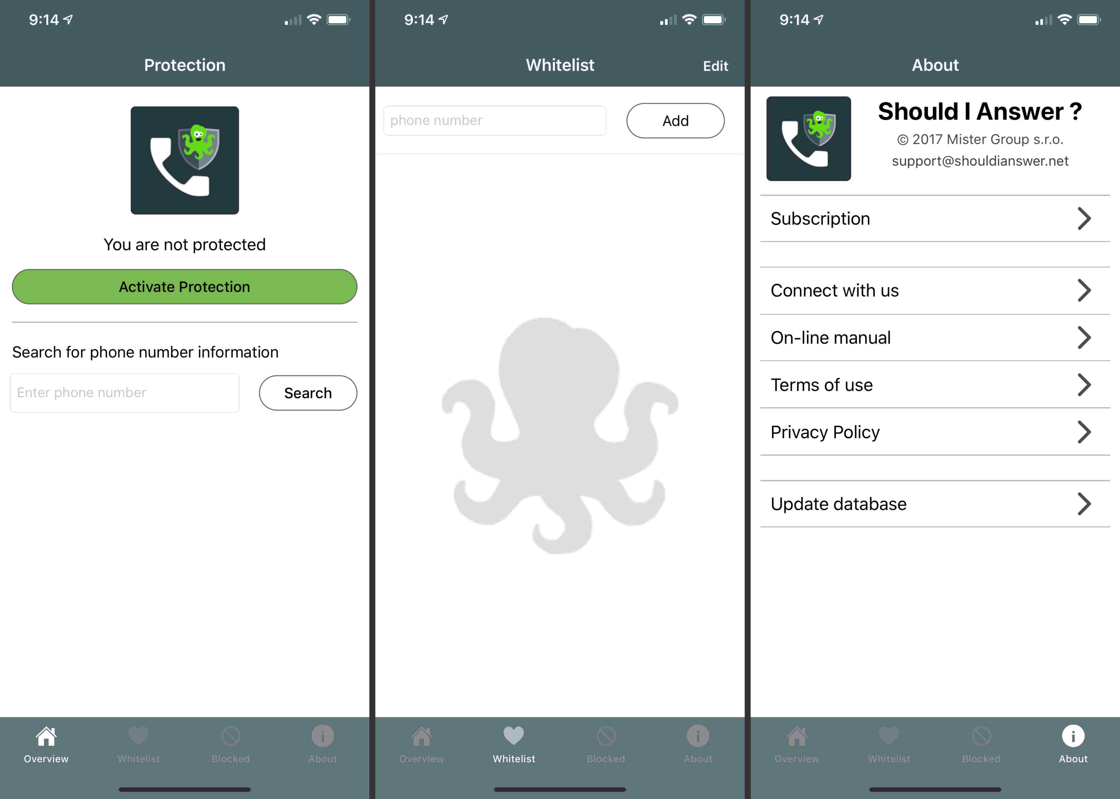 Tre iOS-skärmar från Ska jag svara?  som visar appen Call-blockerare på jobbet