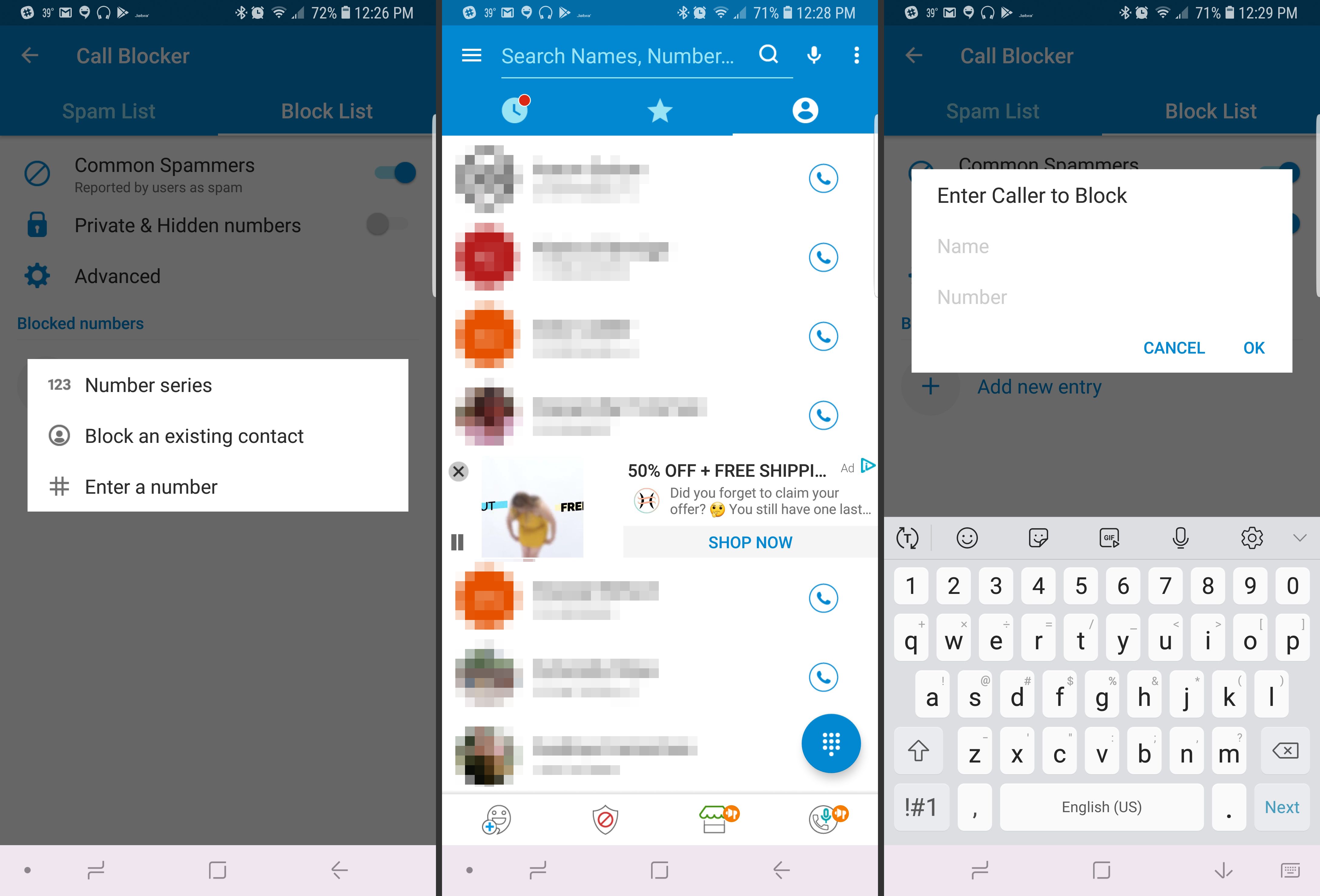Tre Android-skärmar från CallApp-blockeringsappen som visar appen Call-blockerare på jobbet