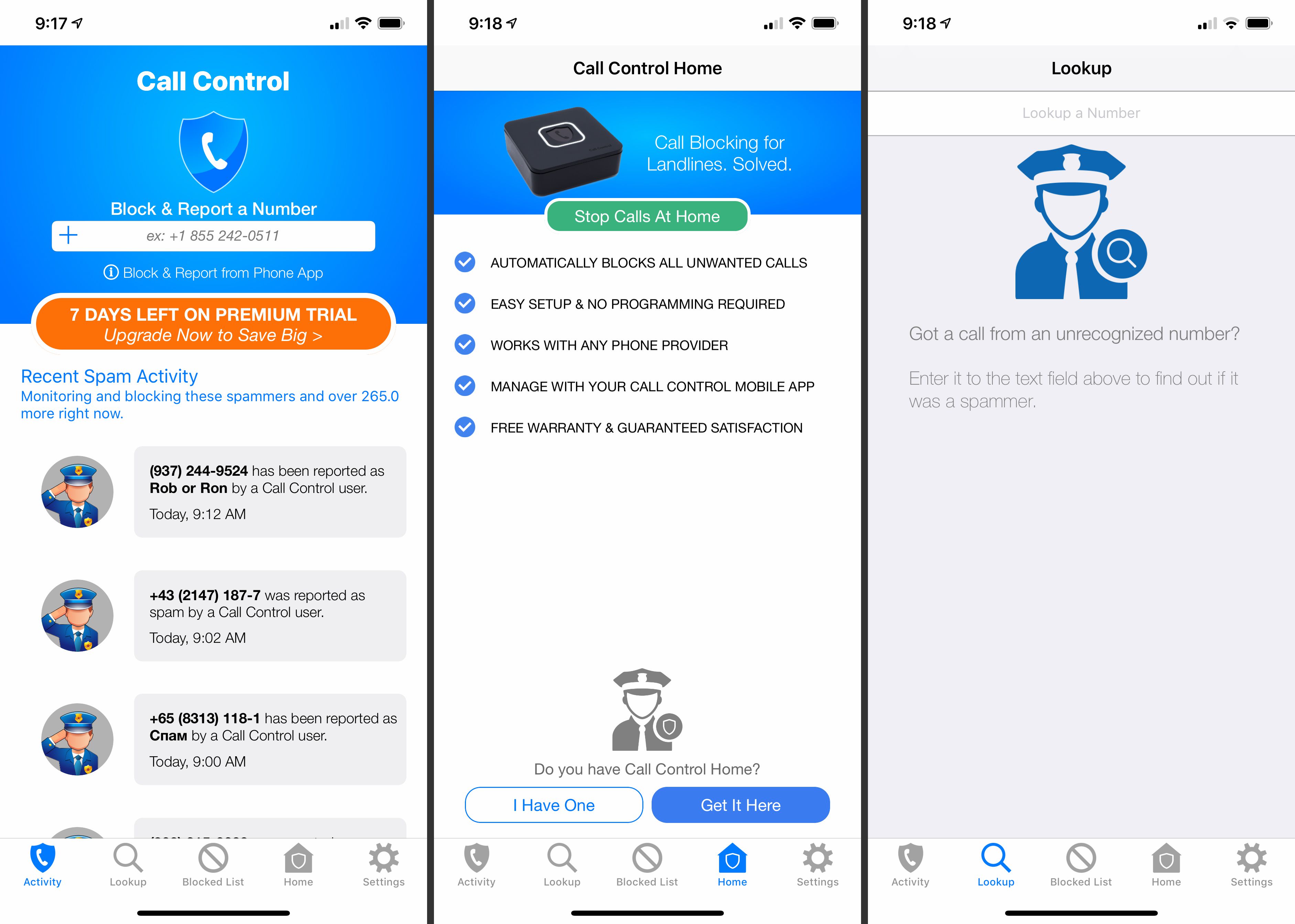 Tre iOS-skärmar från appen Call Control som visar appen Call-blockerare på jobbet