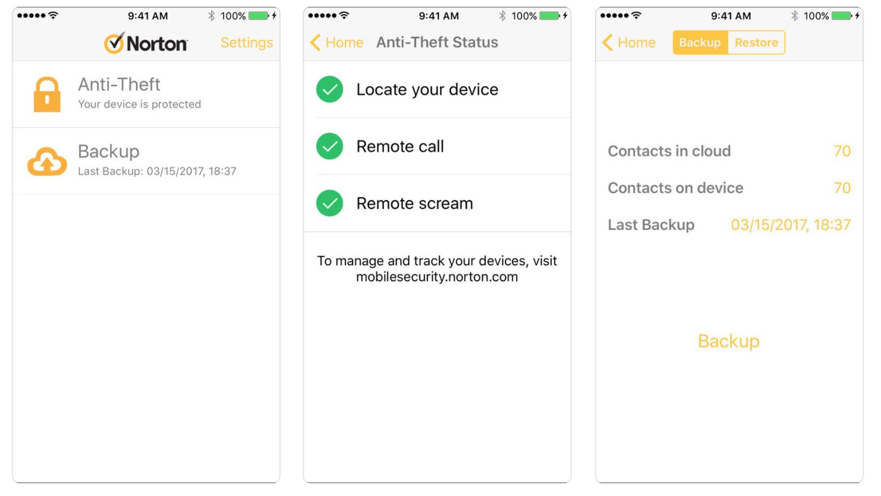 Norton Mobile Security skärmdumpar från iTunes som visar appen Call-blockerare på jobbet