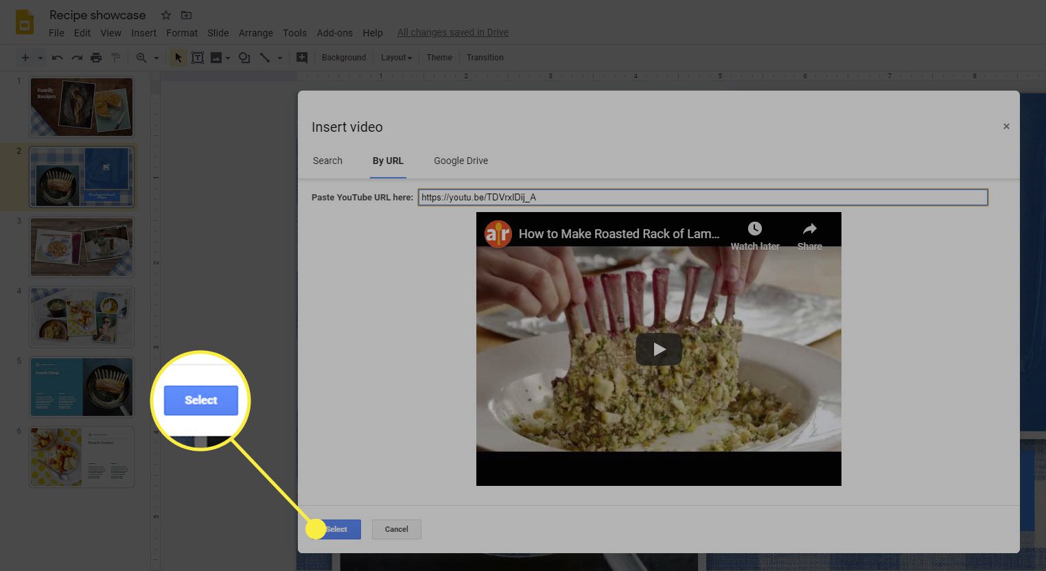 Alternativet Välj när du sätter in en video i Google Presentationer.