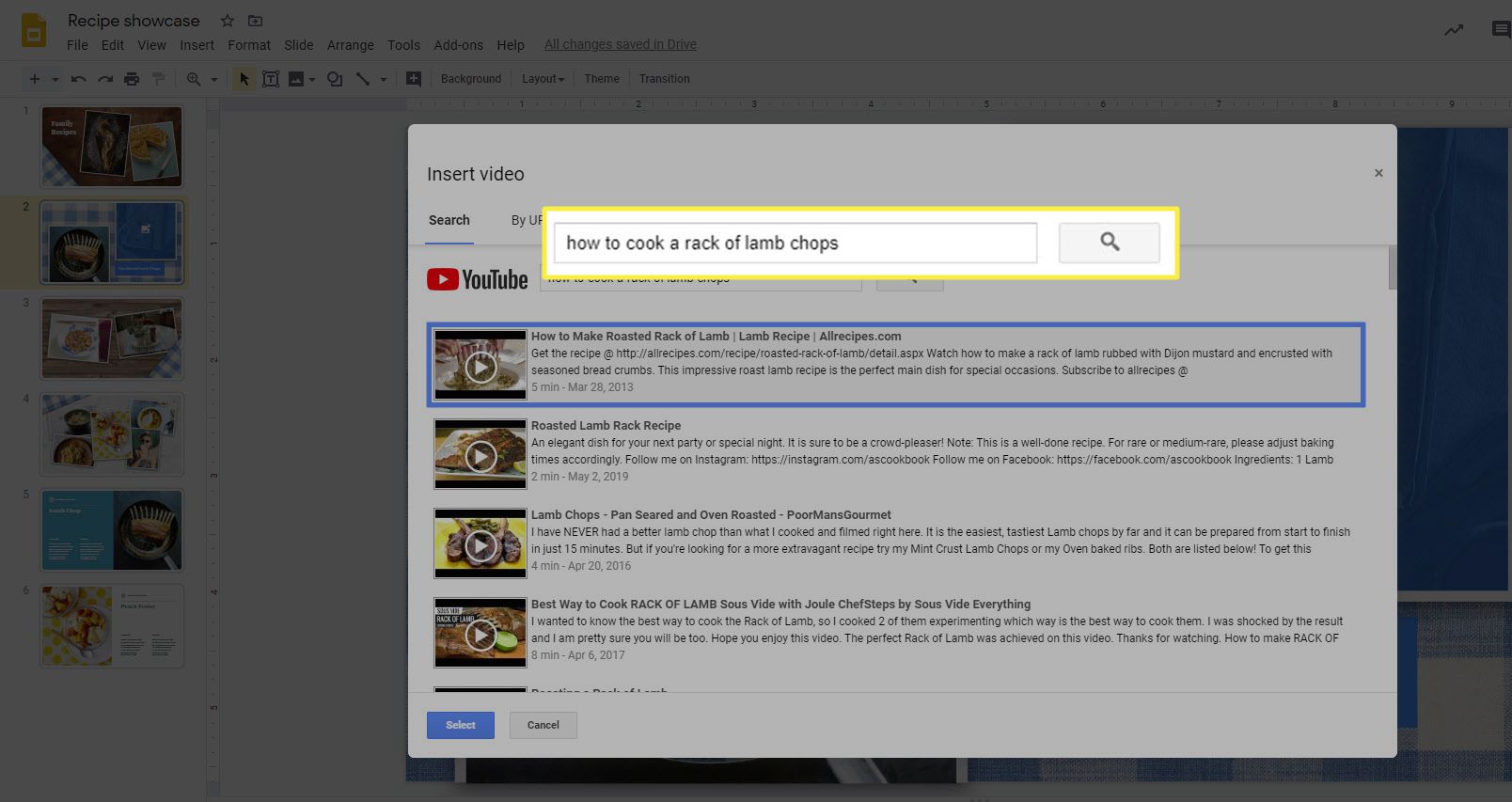 YouTube-sökrutan när du lägger till en video till Google Slides.