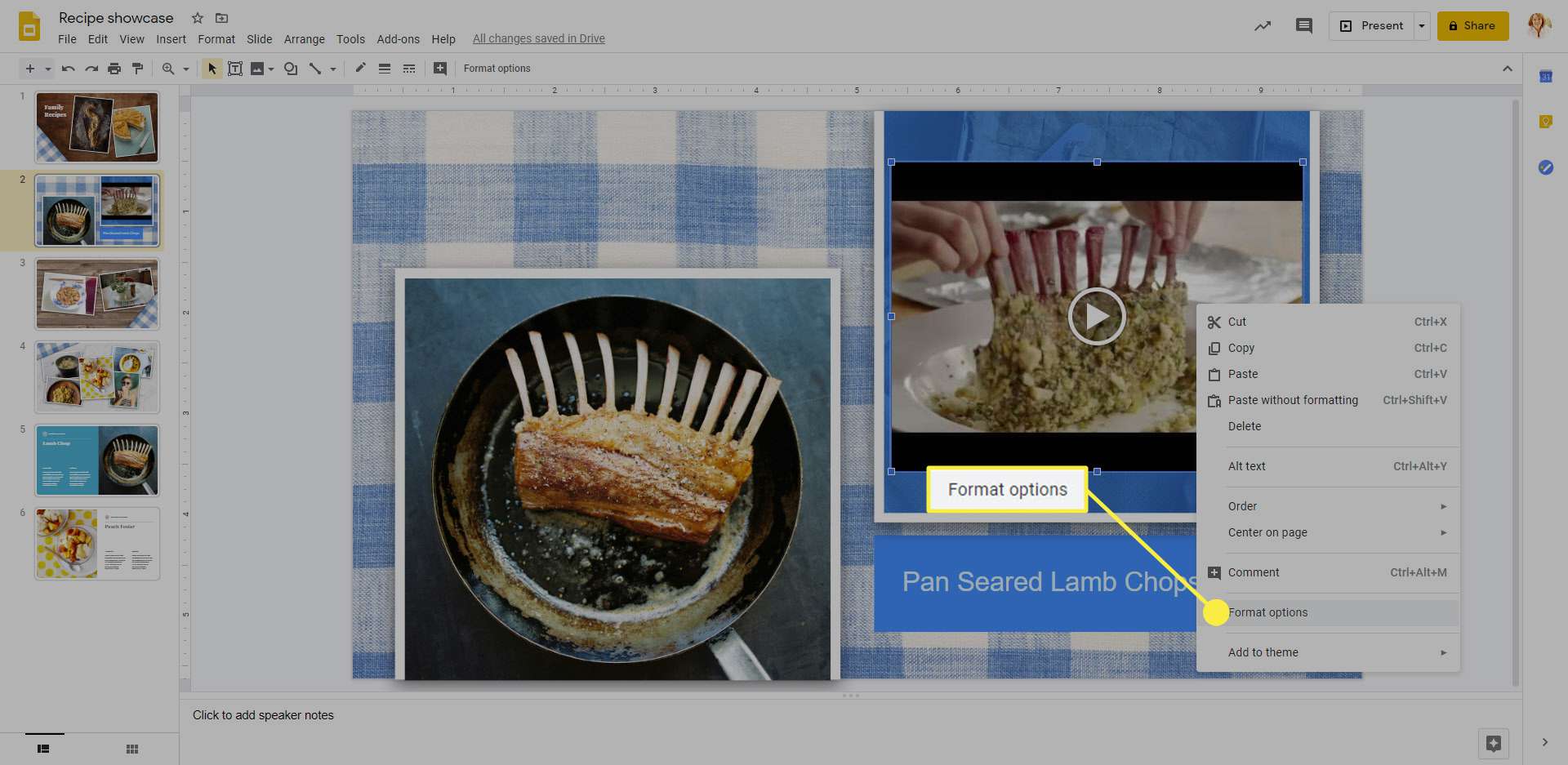 Alternativen för videoformat i Google Slides.