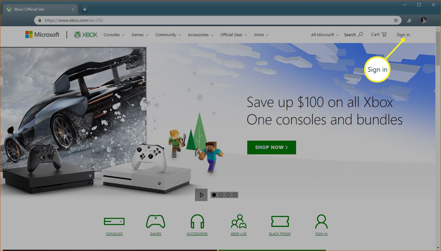Xbox.com-webbplats med inloggning markerad