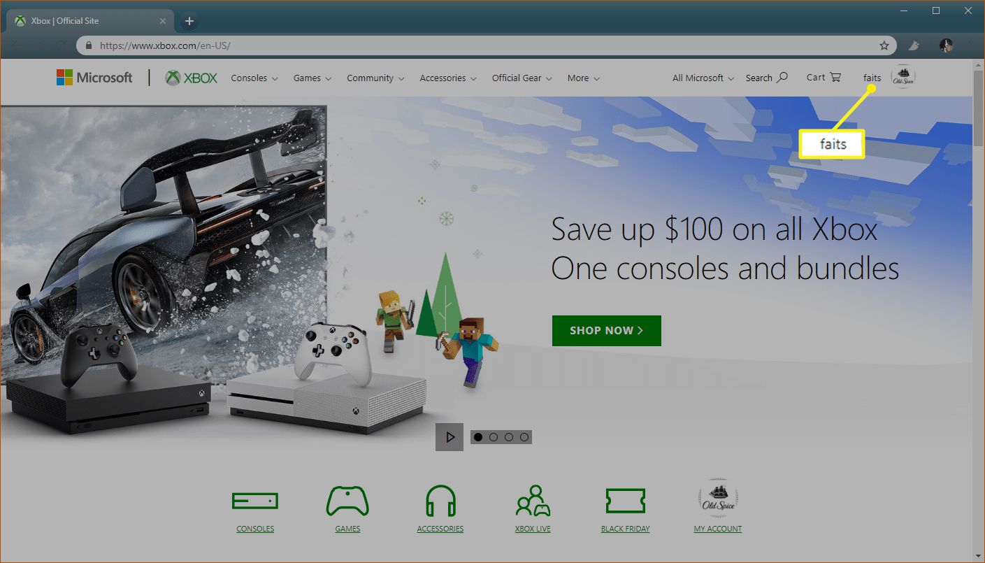 Xbox.com med gamertag uppe till höger