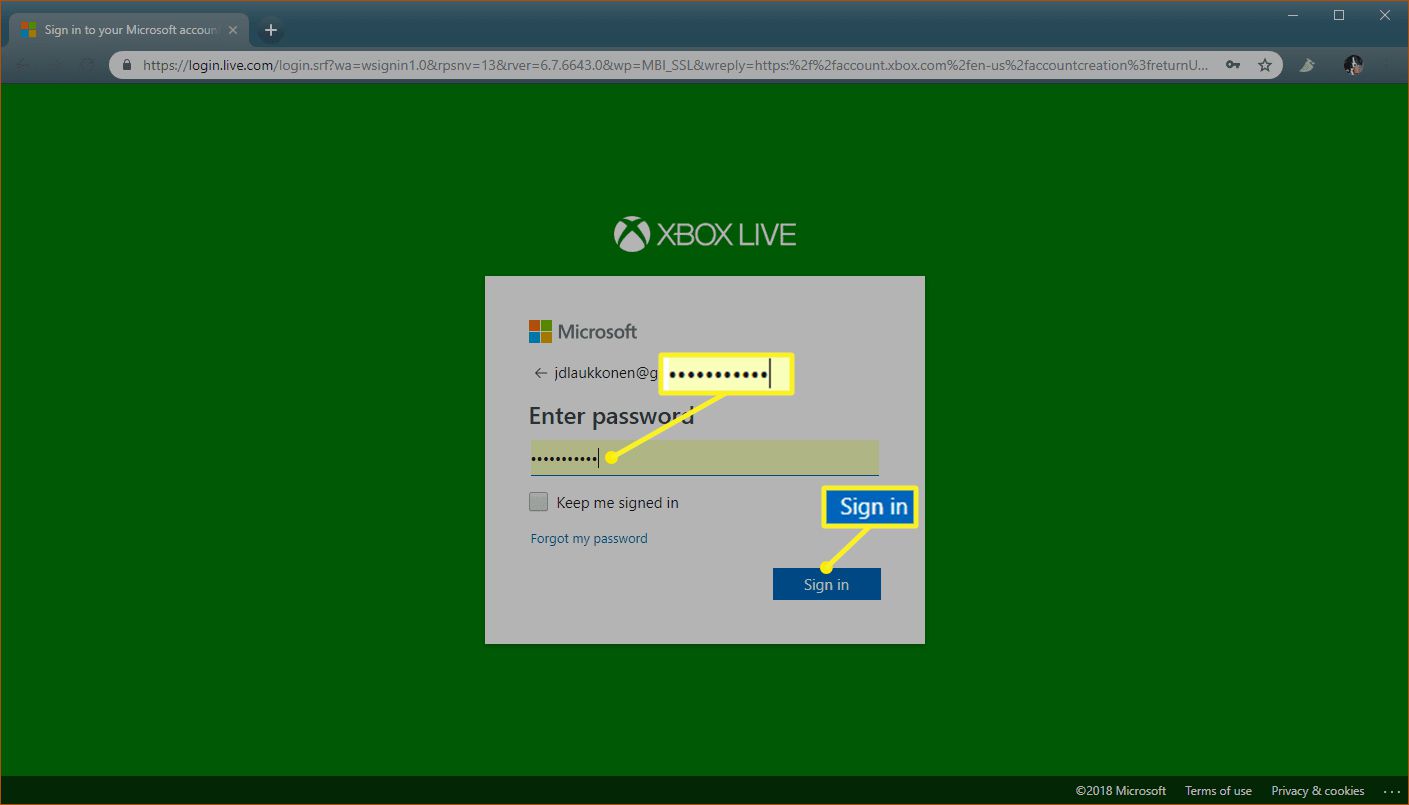 Xbox.com-inloggningsprocess med lösenord fyllt i