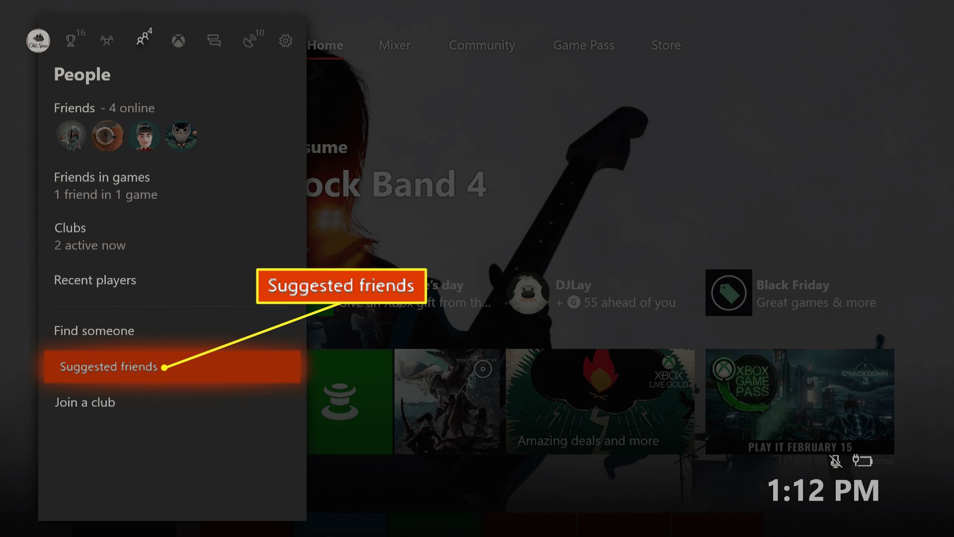 Menyn Xbox One People med föreslagna vänner markerade