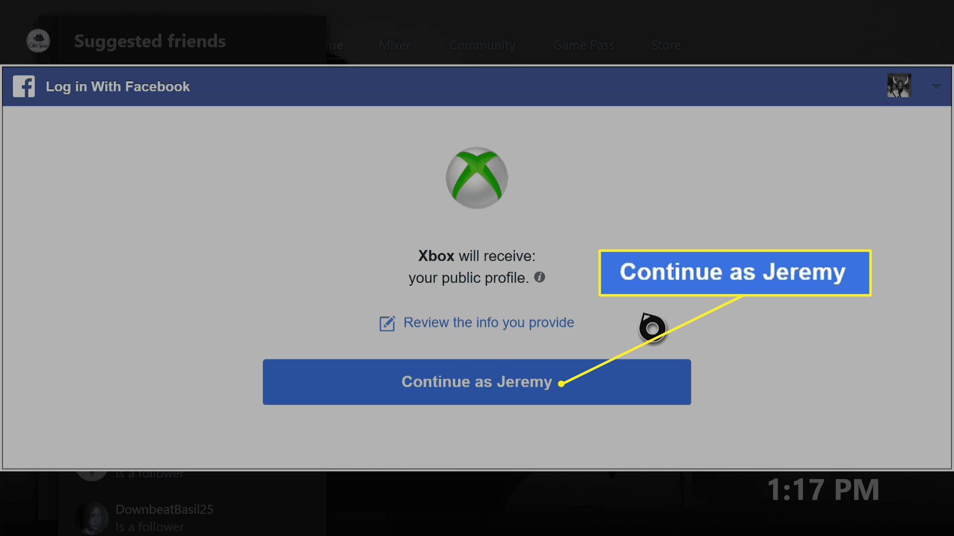 Logga in på Facebook-skärmen på Xbox One