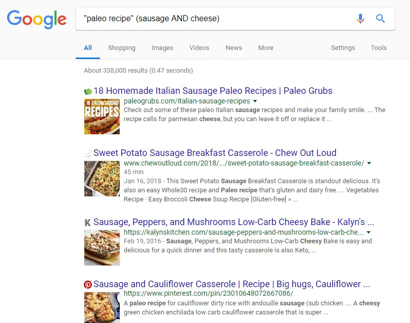 Skärmdump som visar hur man kombinerar booleska sökoperatörer på Google