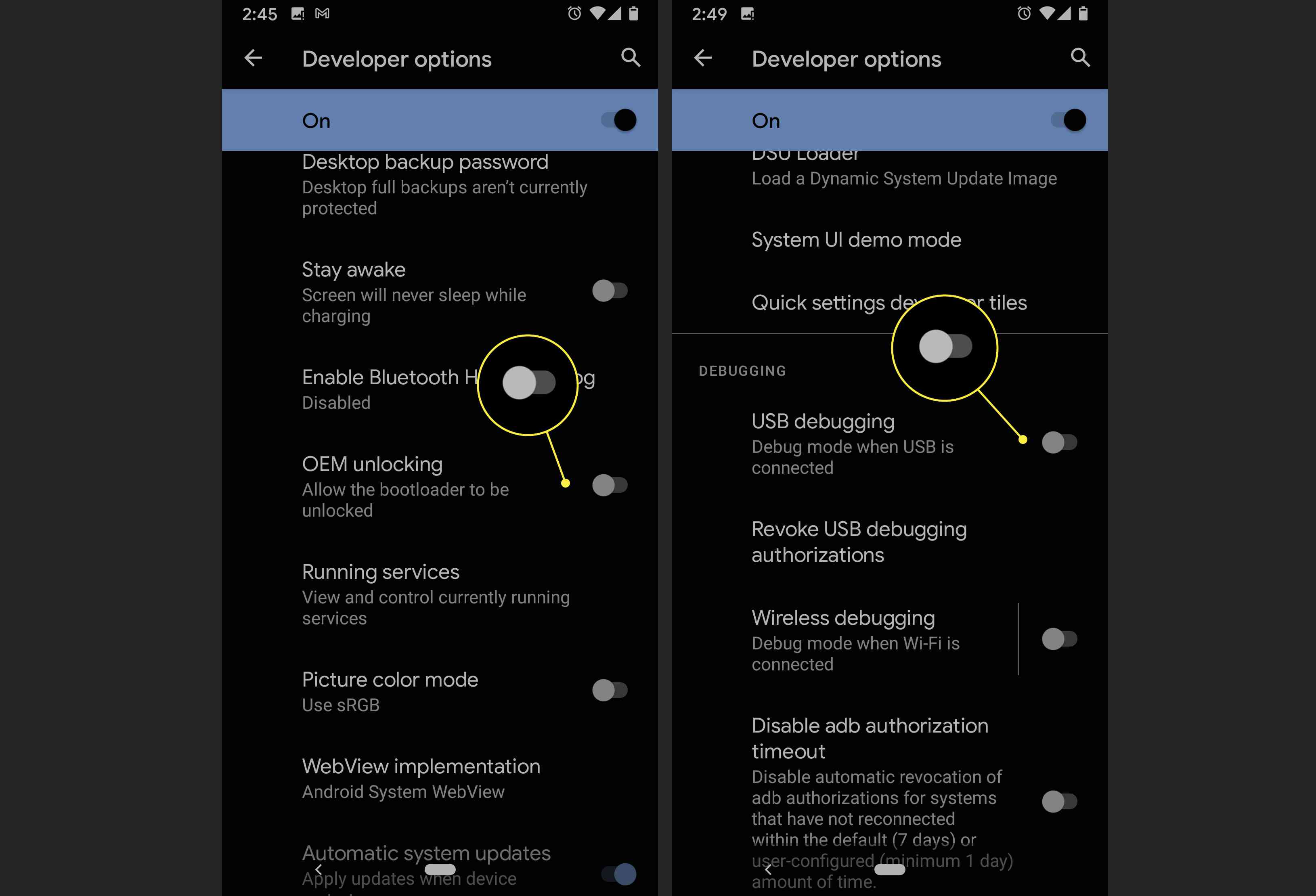En Android-användare aktiverar OEM-upplåsning och USB-felsökning.