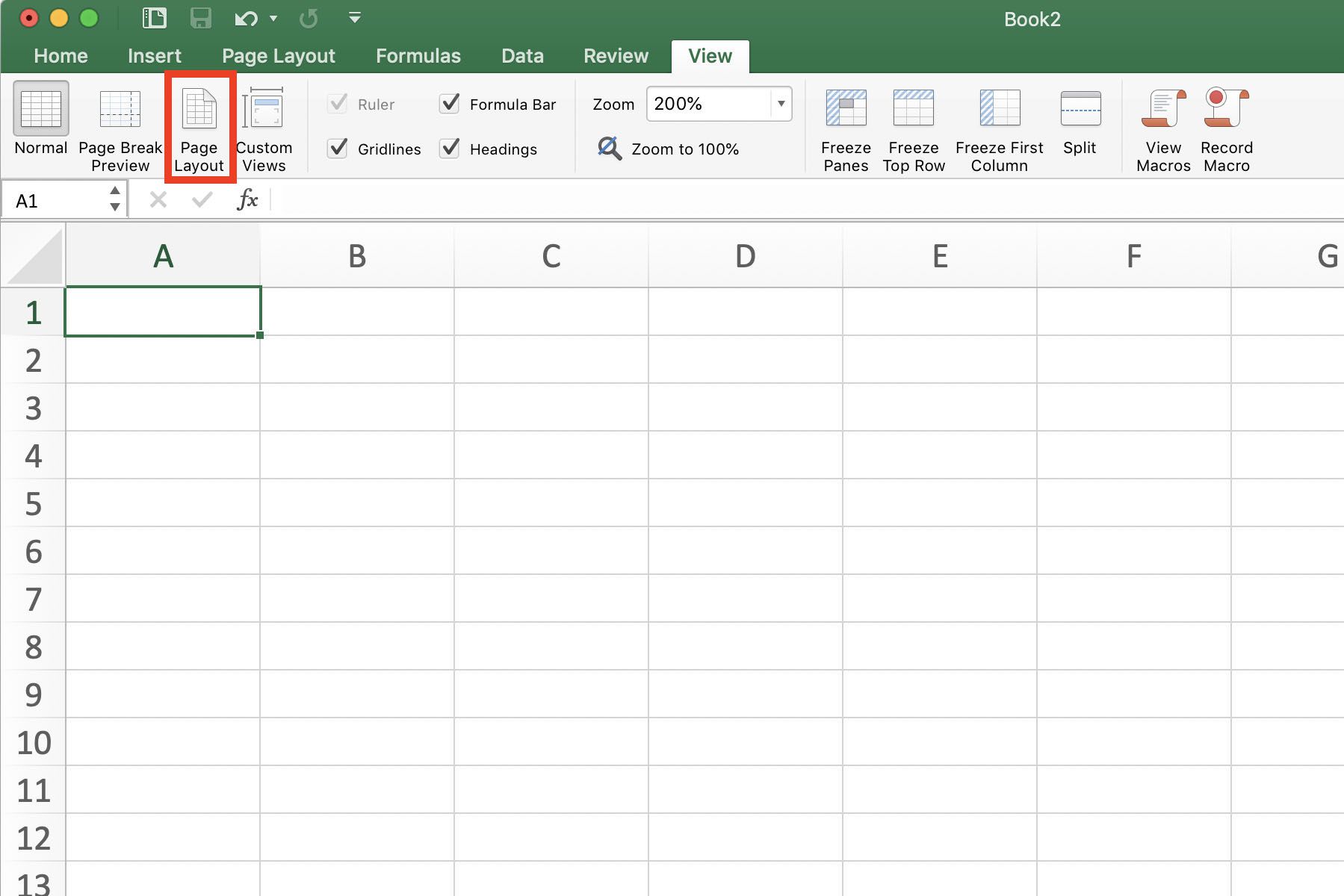 Excel som visar sidlayout-knappen