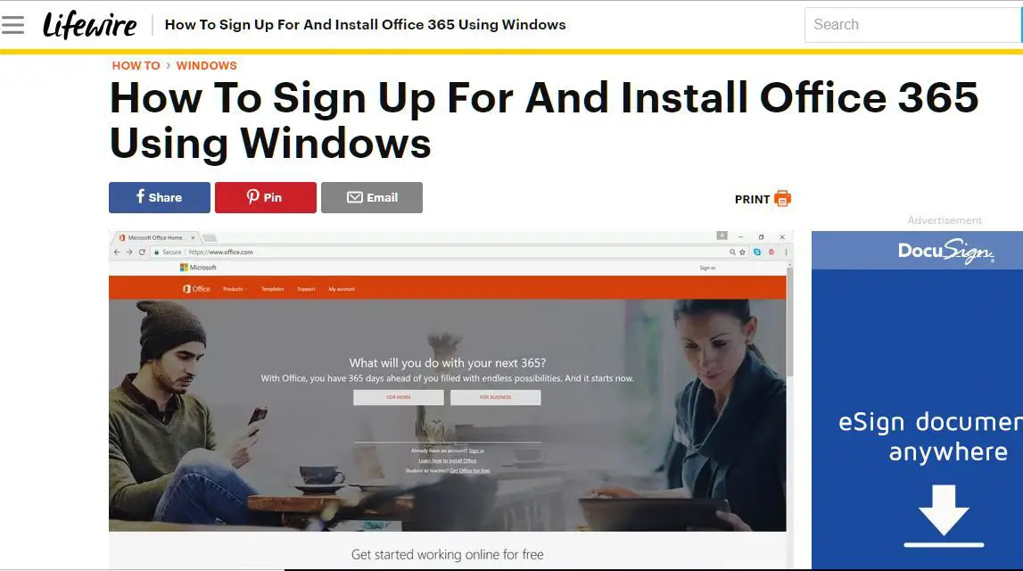En skärmdump av Lifewire-artikeln Hur man registrerar sig för och installerar Office 365 med Windows.