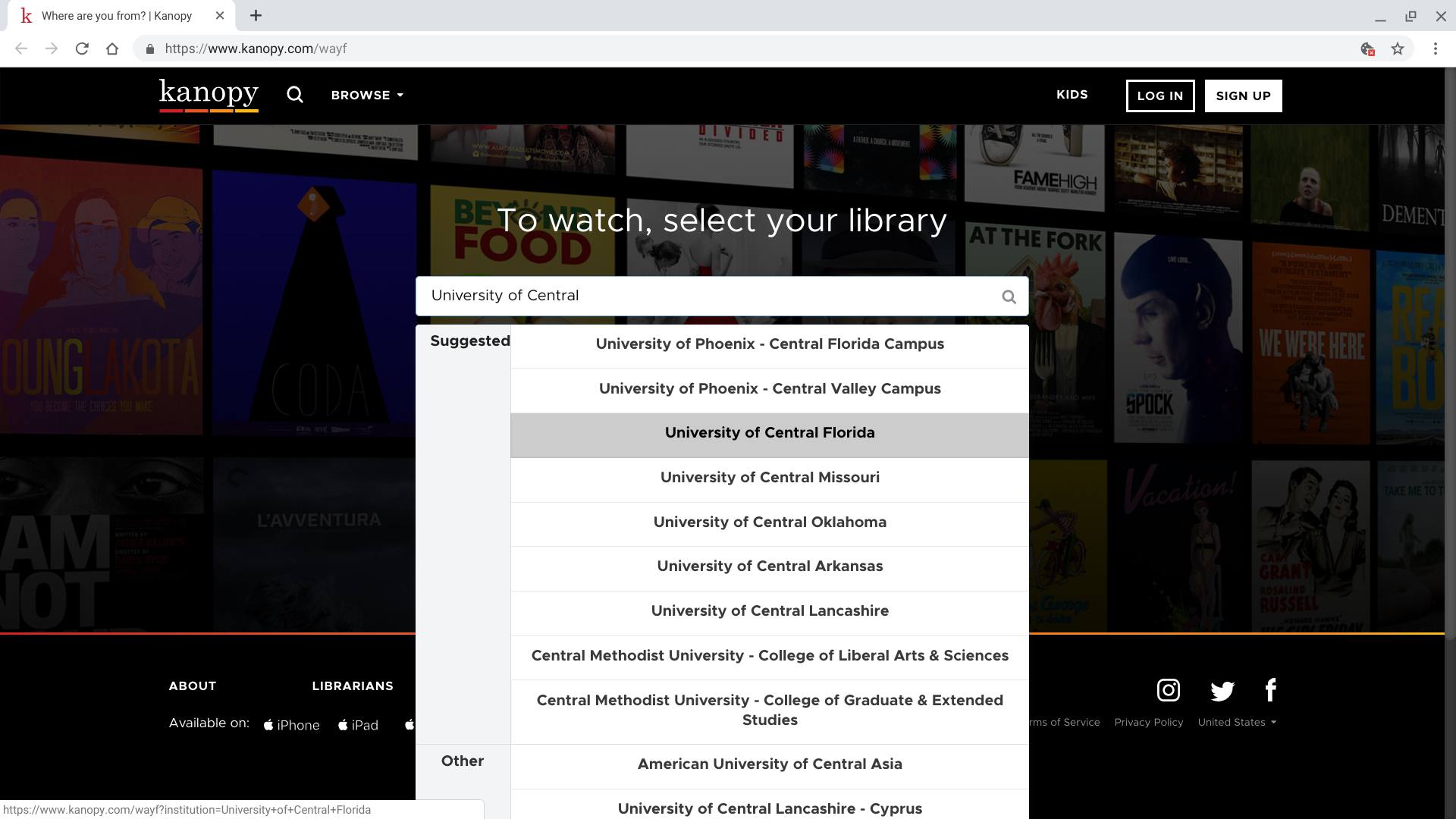 Skärmdump av sökningssidan för Kanopy.com-biblioteket, som visar en sökning efter "University of Central" med flera "föreslagna" bibliotek listade, tillsammans med ett par "andra" bibliotek listade