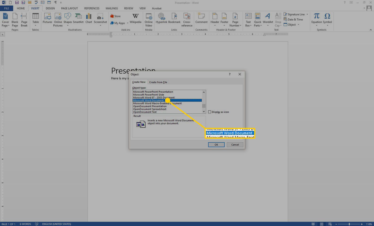 Skapa nytt objekt i Word med alternativet Microsoft Word Document markerat