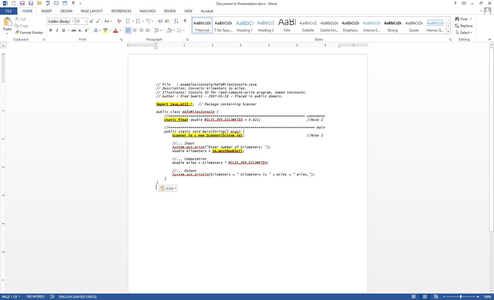 Microsoft Word visar källkod för att infoga i ett Word-presentationsdokument