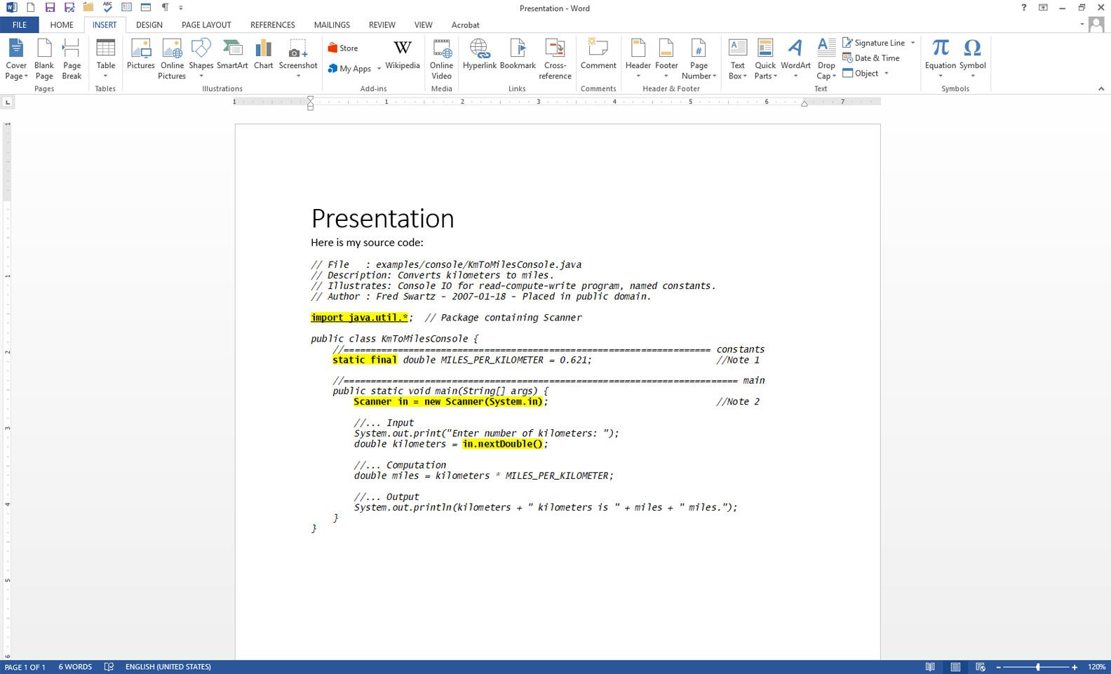 Microsoft Word-dokument med källkod infogad