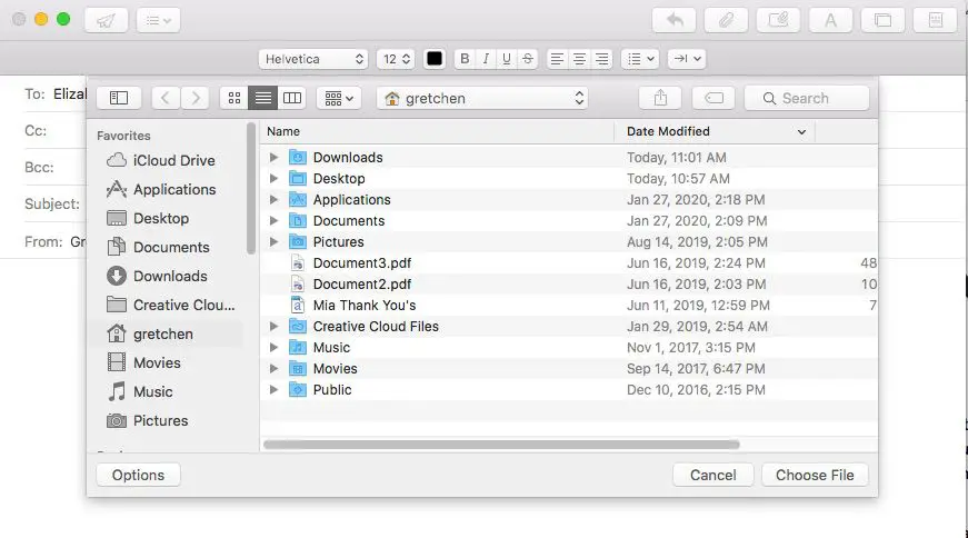 Skärmdump för att bifoga e-post i Outlook för Mac