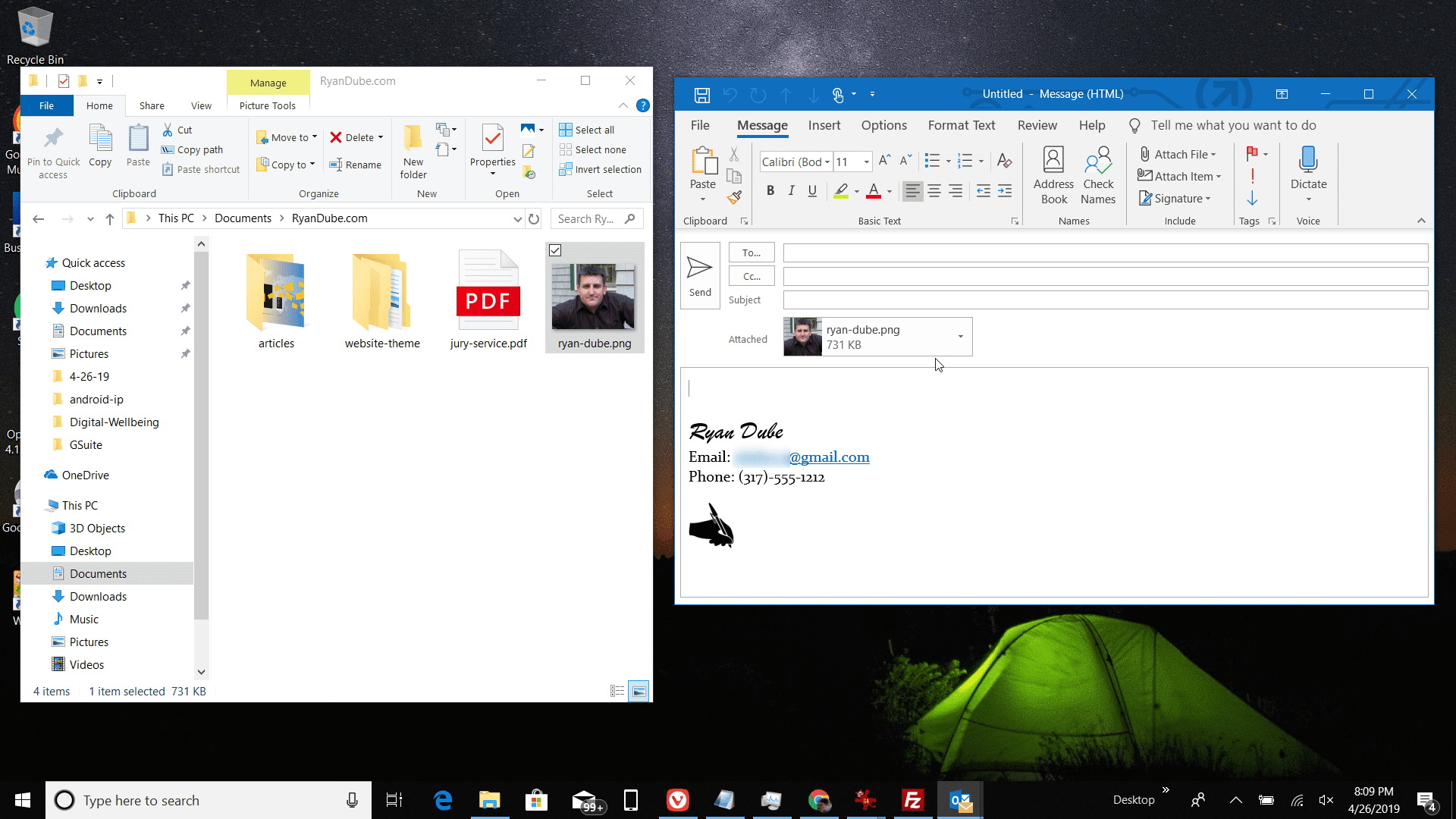 Skärmdump för att dra filen till Outlook-e-post
