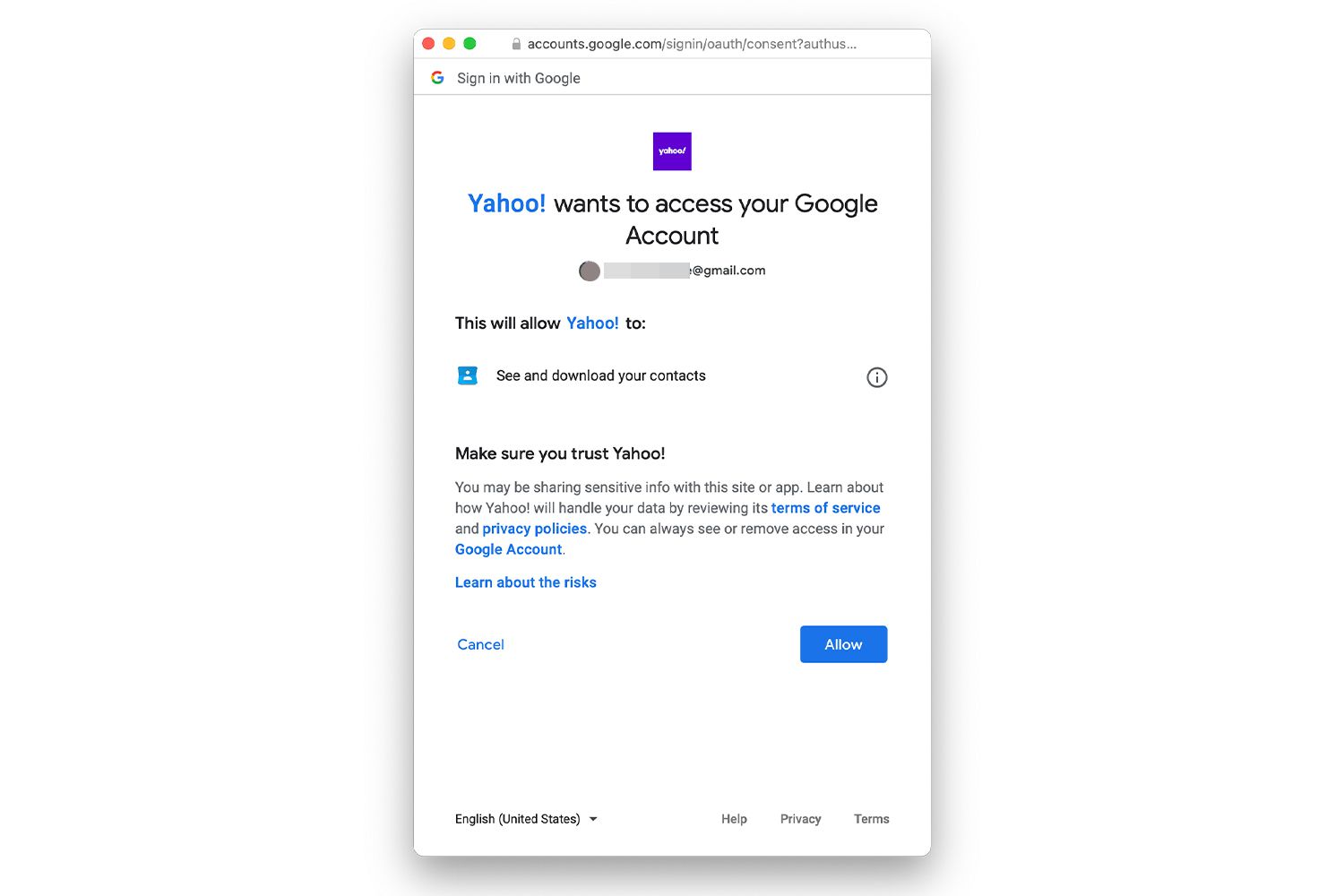 Behörighetsskärm för Yahoo att få åtkomst till ett annat e-postkonto