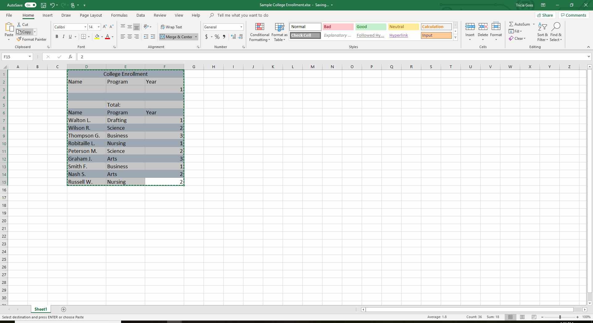 Skärmdump av valda data i Excel