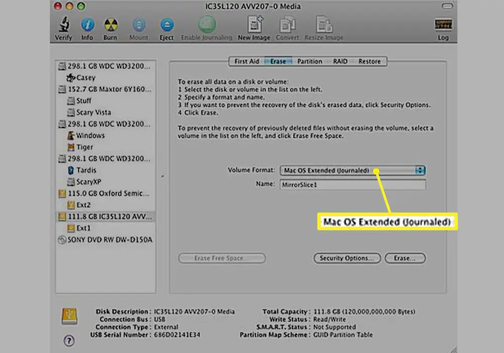 Diskverktygets volymformat med Mac OS Extended (Journaled) vald