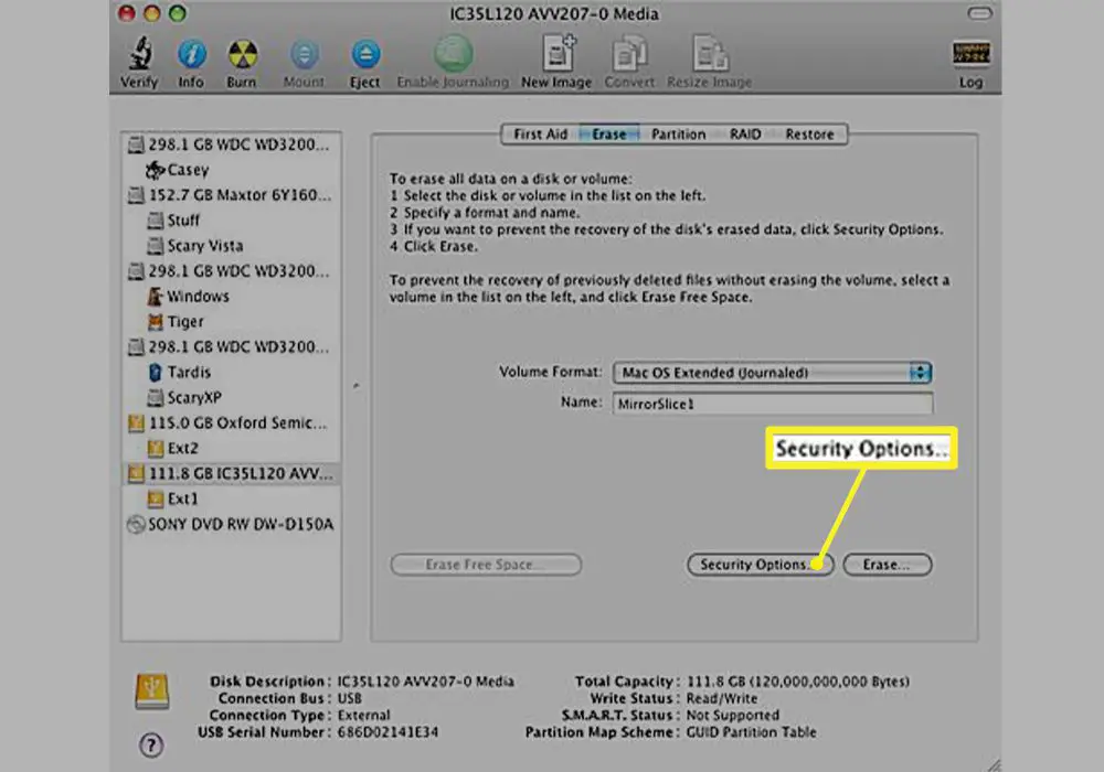 Knappen Säkerhetsalternativ i Mac Disk Utility