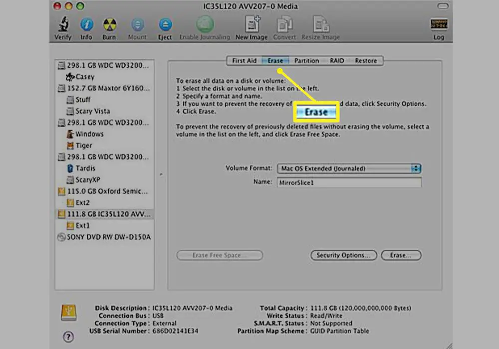 Mac Disk Utility med knappen Radera markerad