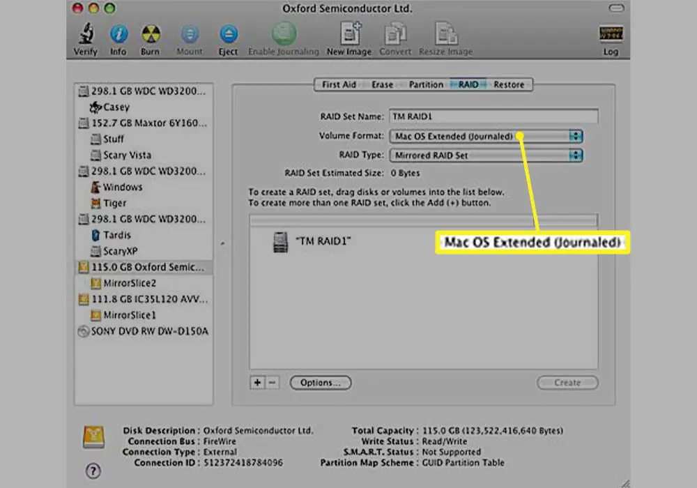 Mac OS Extended (Journaled) vald på RAID-fliken i Diskverktyg